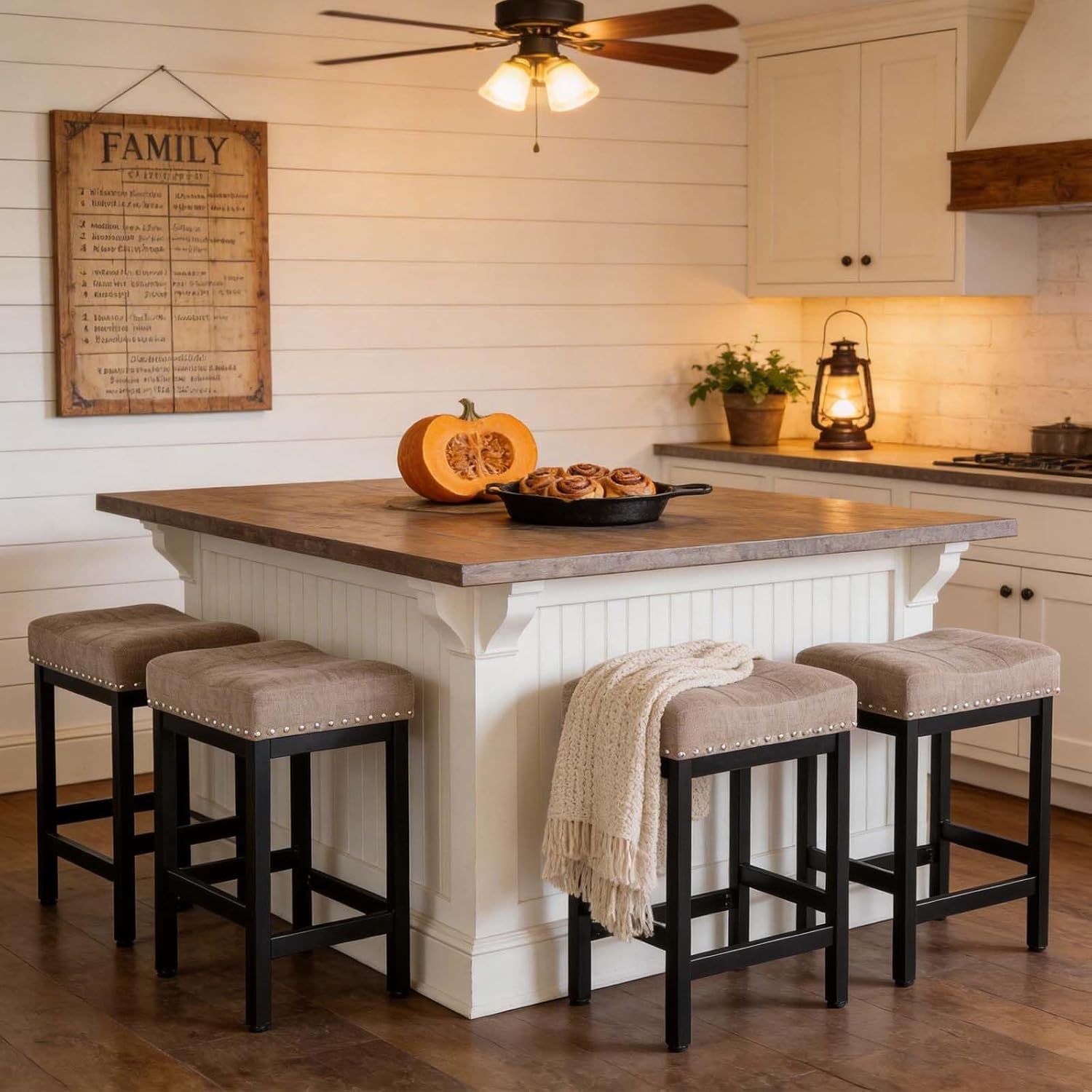 25 Inch Counter Height Bar Stools Set of 4, Backless Saddle Barstools with Taupe Fabric Nailhead Trim Seat, Heavy Duty Matte Black Metal, Farmhouse Industrial Kitchen Stools for Home Pub