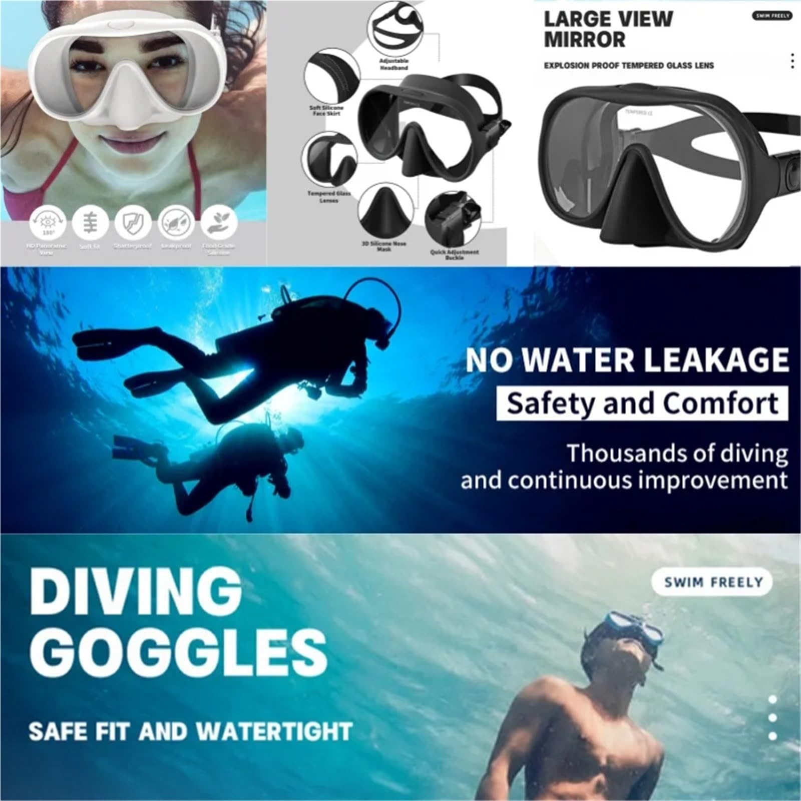Maschera Maschera da Snorkeling in Vetro temperato, Maschera da Sub per Adulti e Giovani, Occhiali da Nuoto Anti-perdite con Maschera nasale Snorkeling Mask(QFT-FEN2)
