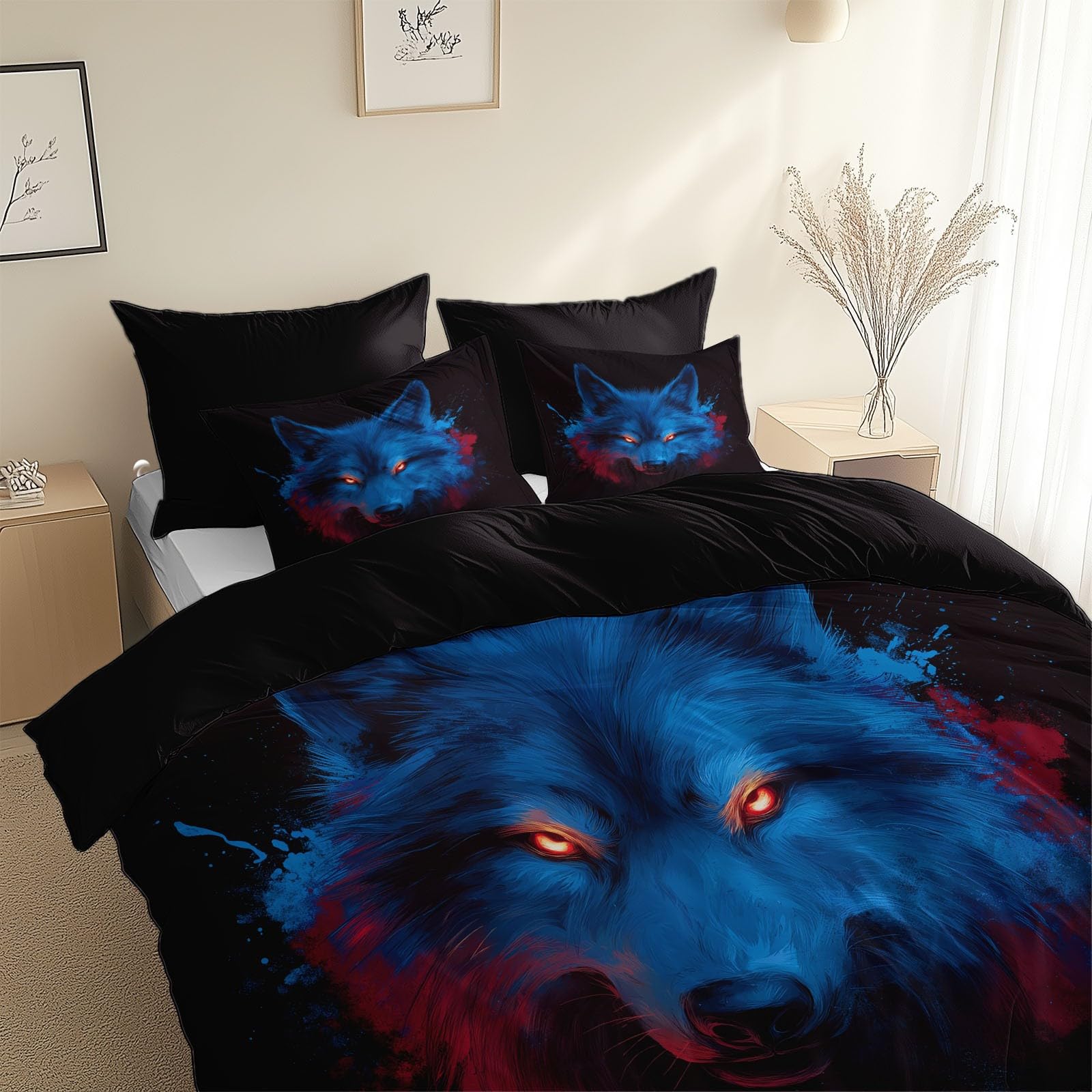Parure de lit enfant adulte loup avec housse de couette imprimée 3D noire 200 x 200 cm