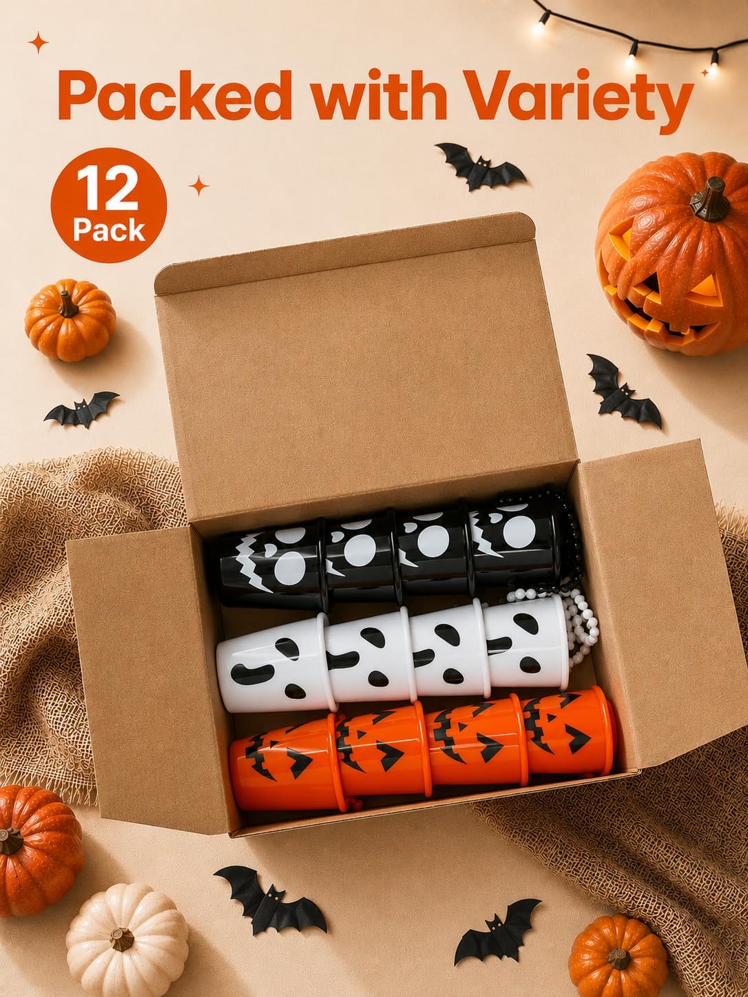 Bearhug 12 PCS Halloween Shot Glasses on Beaded Necklaces, Plastic Shot Glasses with Skull Ghost Pumpkin Designs, Shot Necklace Cups for Halloween Party, Trick or Treat (Orange, Black, White)