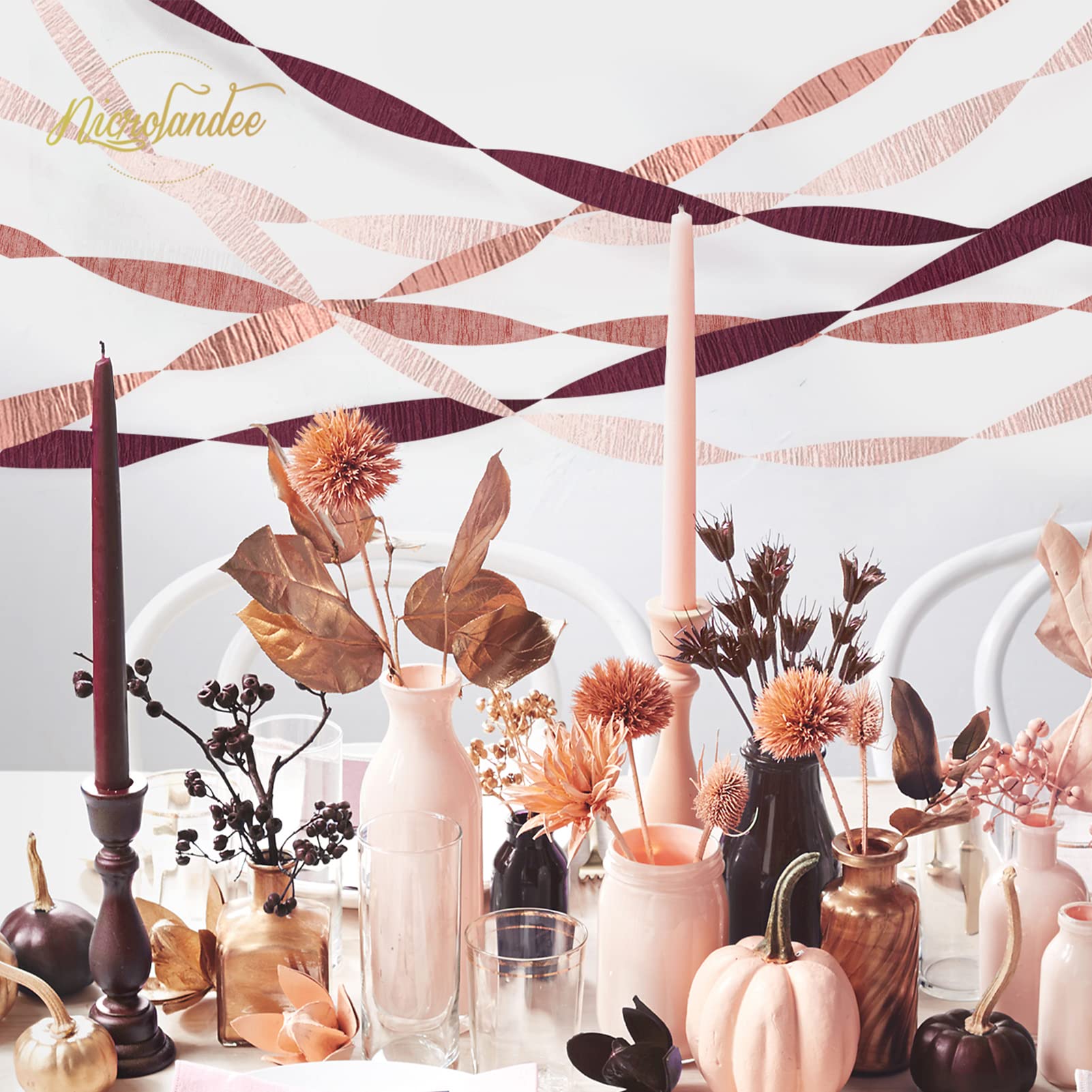 NICROLANDEE Krepppapier-Rollen – 8 Rollen, Burgunderrot & Roségold, Je 25 M, Für Hochzeit & Herbst-Partys