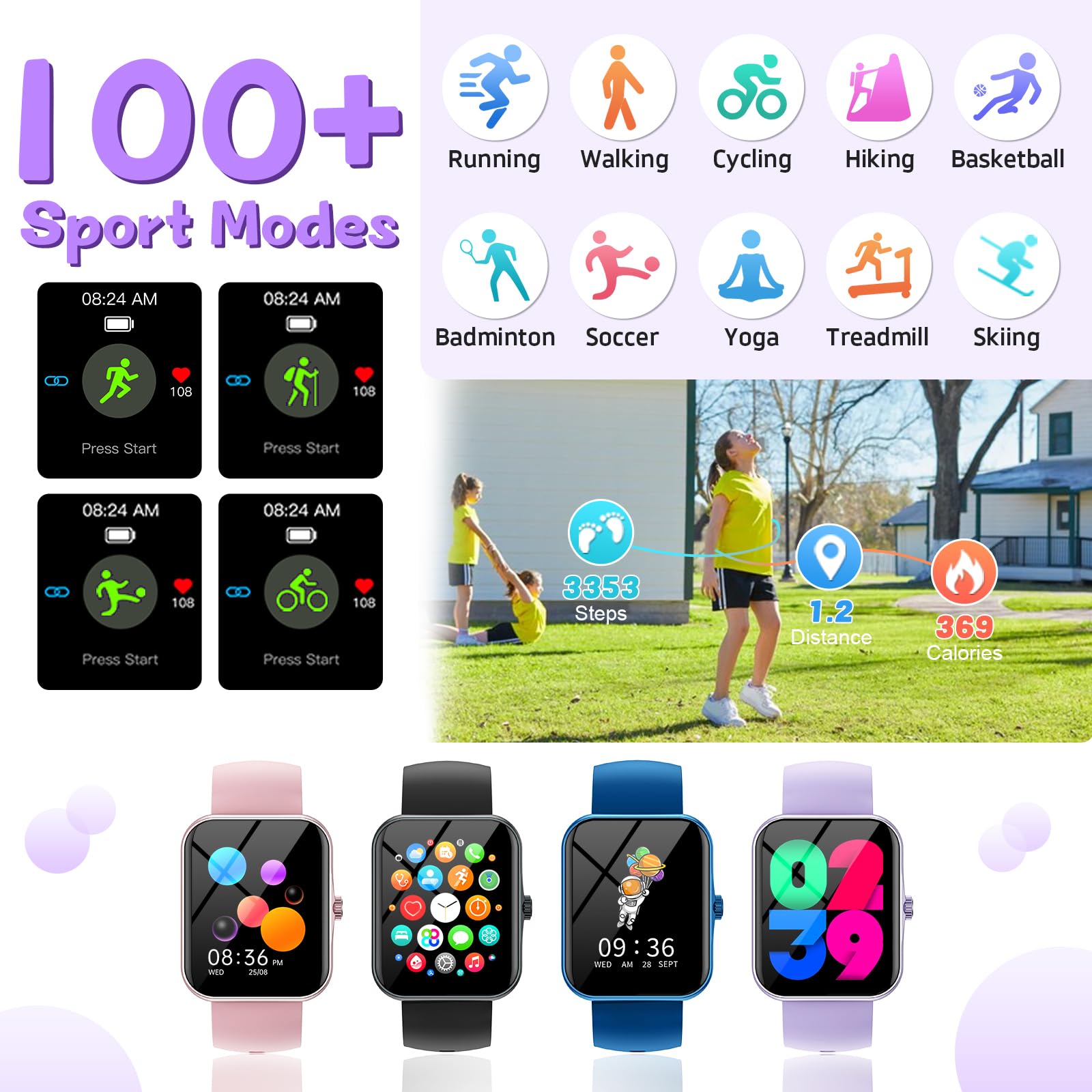 Orologio Smartwatch per Bambini, 1.8" Intelligente Fitness Tracker per Ragazzi Ragazze con 100+ Modalità Sportive, Contapassi, Sveglia, Sonno, Giochi, Smart Watch per Bambino Ado 5-16 Regalo, Viola