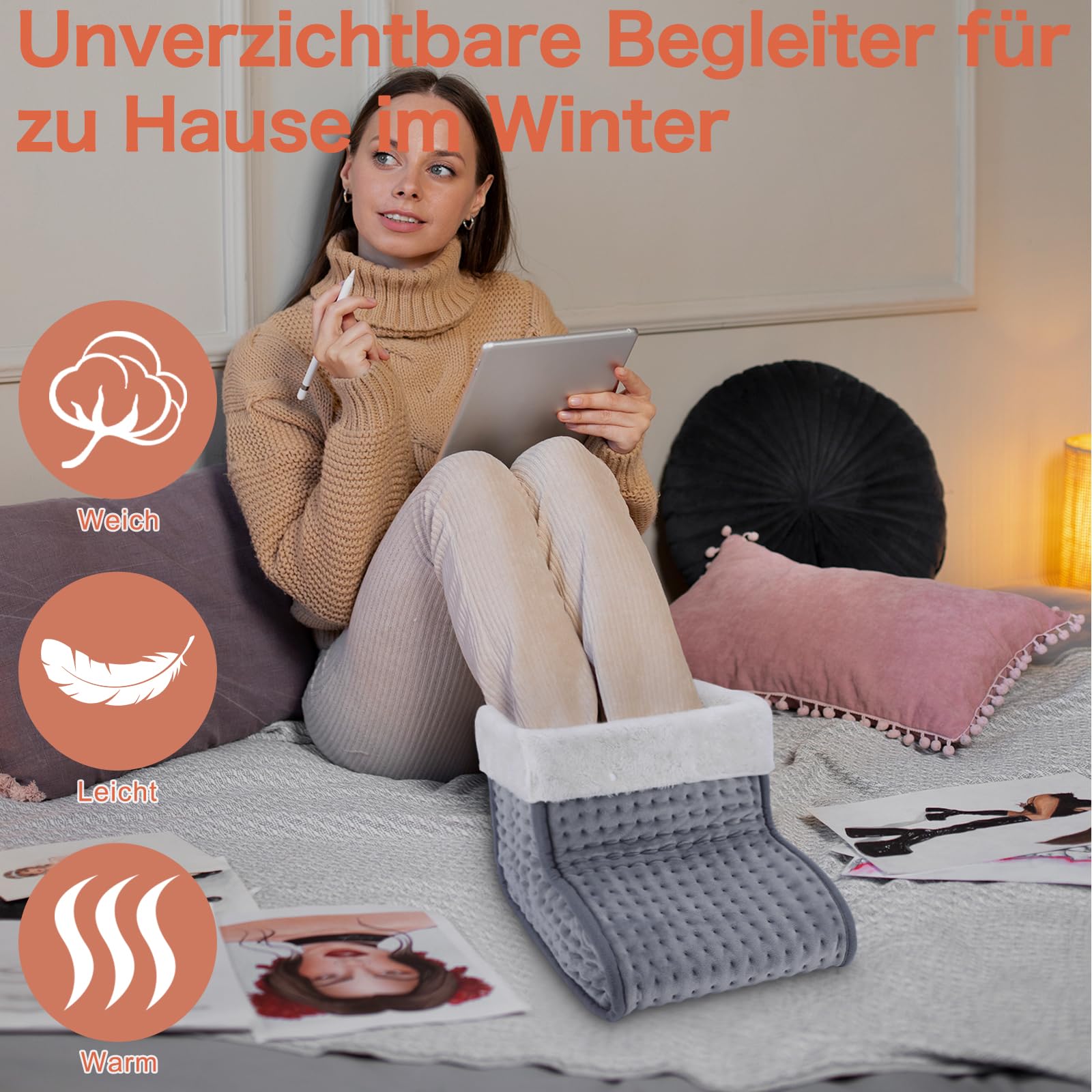 DEWEL Grau Fußwärmer Elektrisch, Fusswärmer Schnelle Erwärmung mit 2,5M Kabellänge | 10 Temperaturstufen | Waschbares Innenfutter, fuß wärmer für Wohnzimmer Schlafzimmer Büros, bis Schuhgröße 46