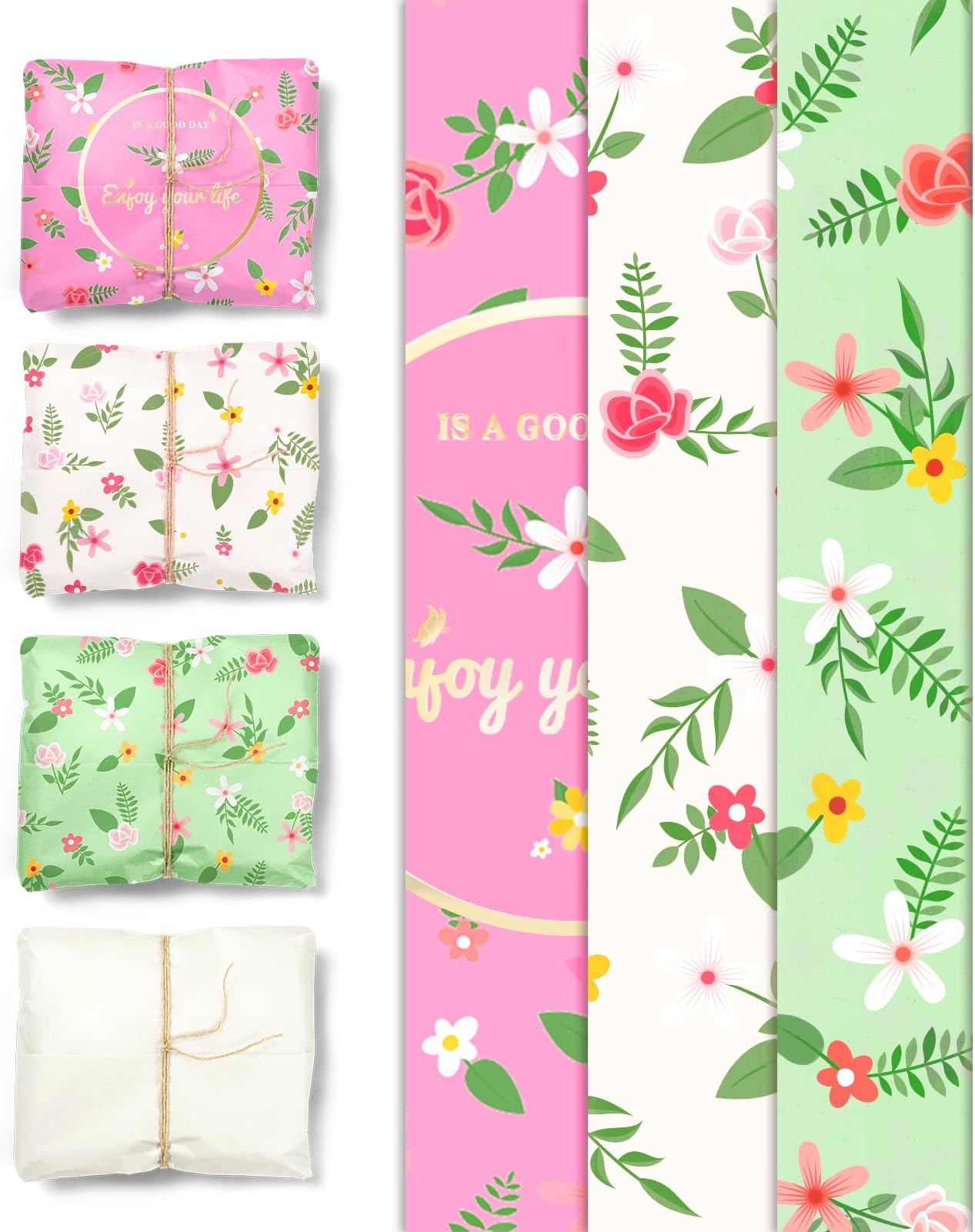 NICROLANDEE Fairy Garden Birthday Party Supplies - 24 Sheets Green Pink Tissue Paper for Gift Bags Packing, Wedding Bridal Shower Easter Party Floral Gift Wrapping Paper