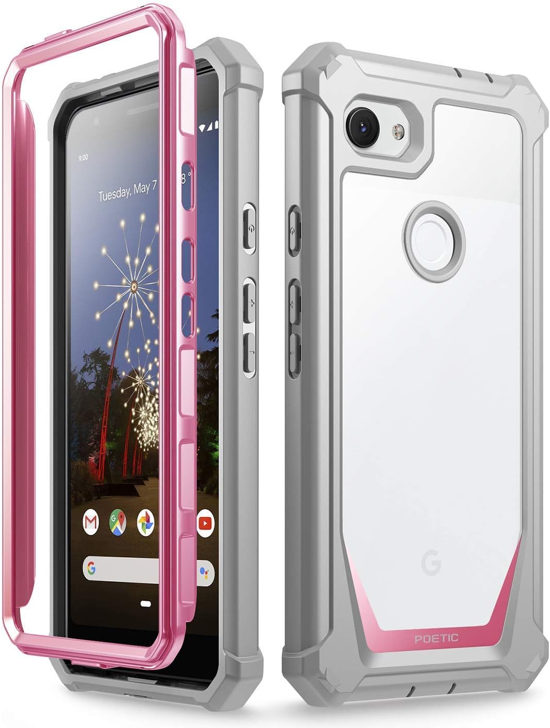 Google Pixel 3a XL Rugged Clear Case, Poetic Full-Body Hybrid Shockproof Bumper Cover, Built-in-Screen Protector, Guardian Series, Case for Google Pixel 3a XL (2019 Release), Pink/Clear