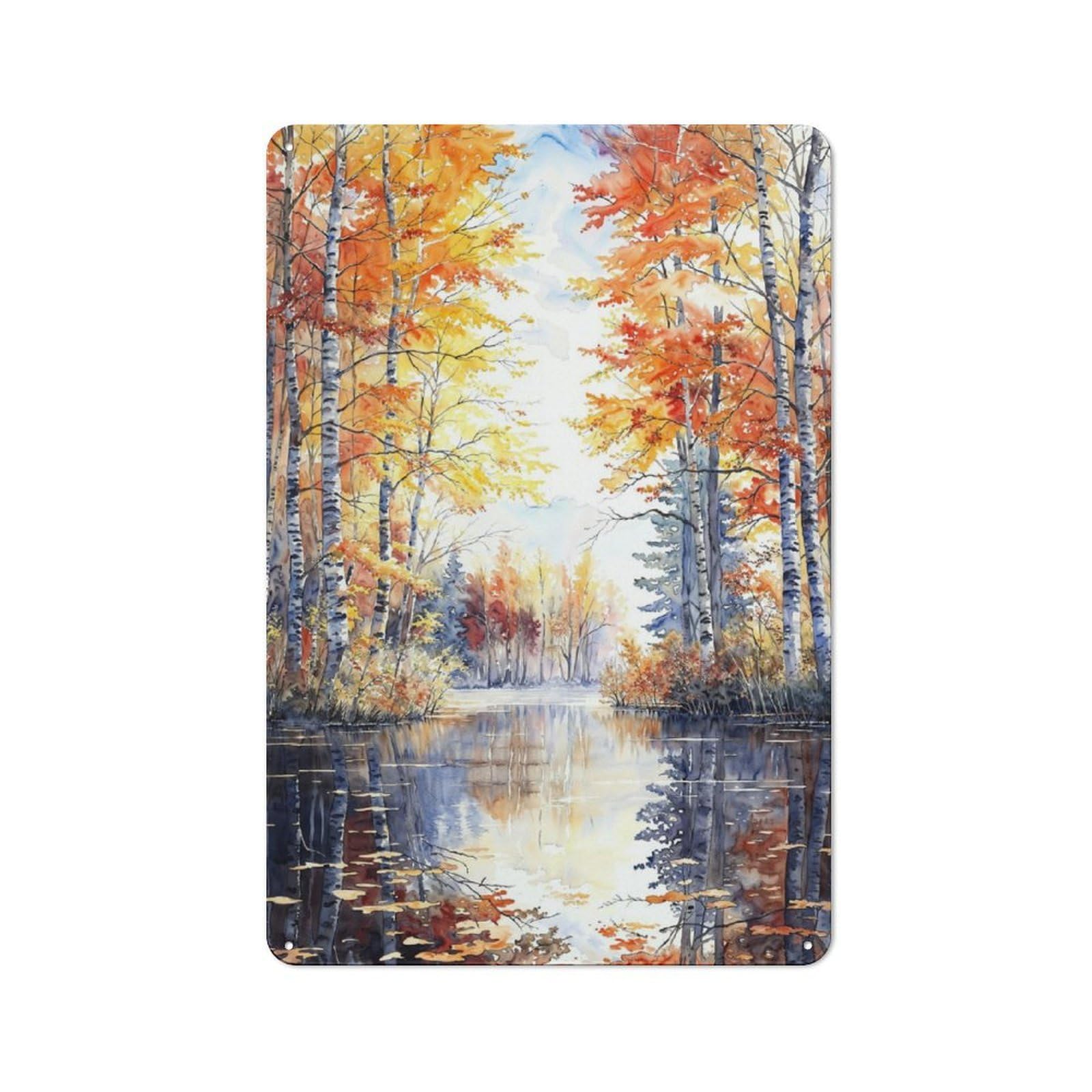 Junmoney Autumn Lakeside Birches Vintage Metal Sign 30X20cm Featuring Home Bar Decor For Cafe, Pub, Workshop Or Home Bar