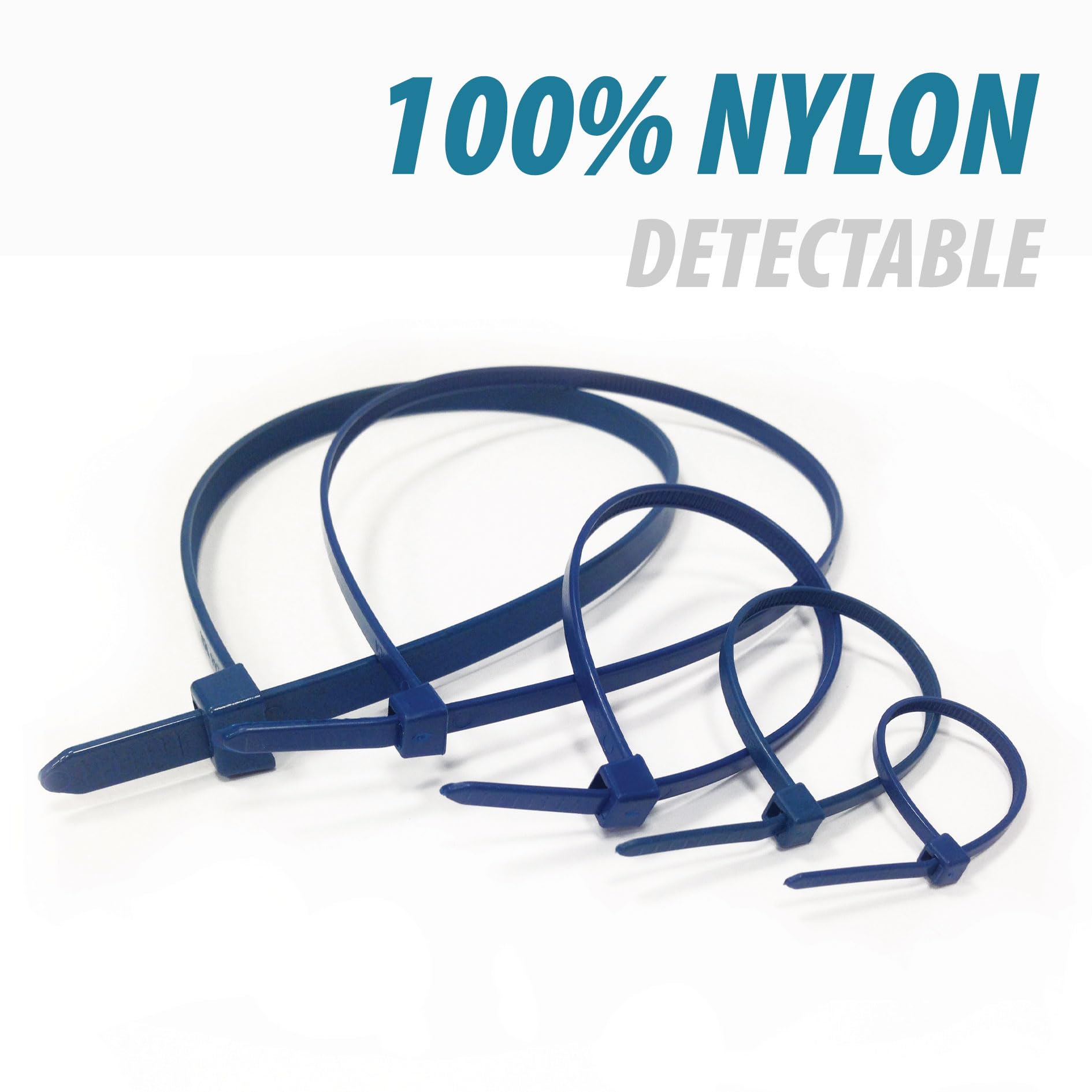 MAYA Brida DETECTABLE por Metales y RAYOS X. Nylon Azul. Tallas S, M y L. Pack 100 uds. Apta para Industria Alimentaria. (Talla L)