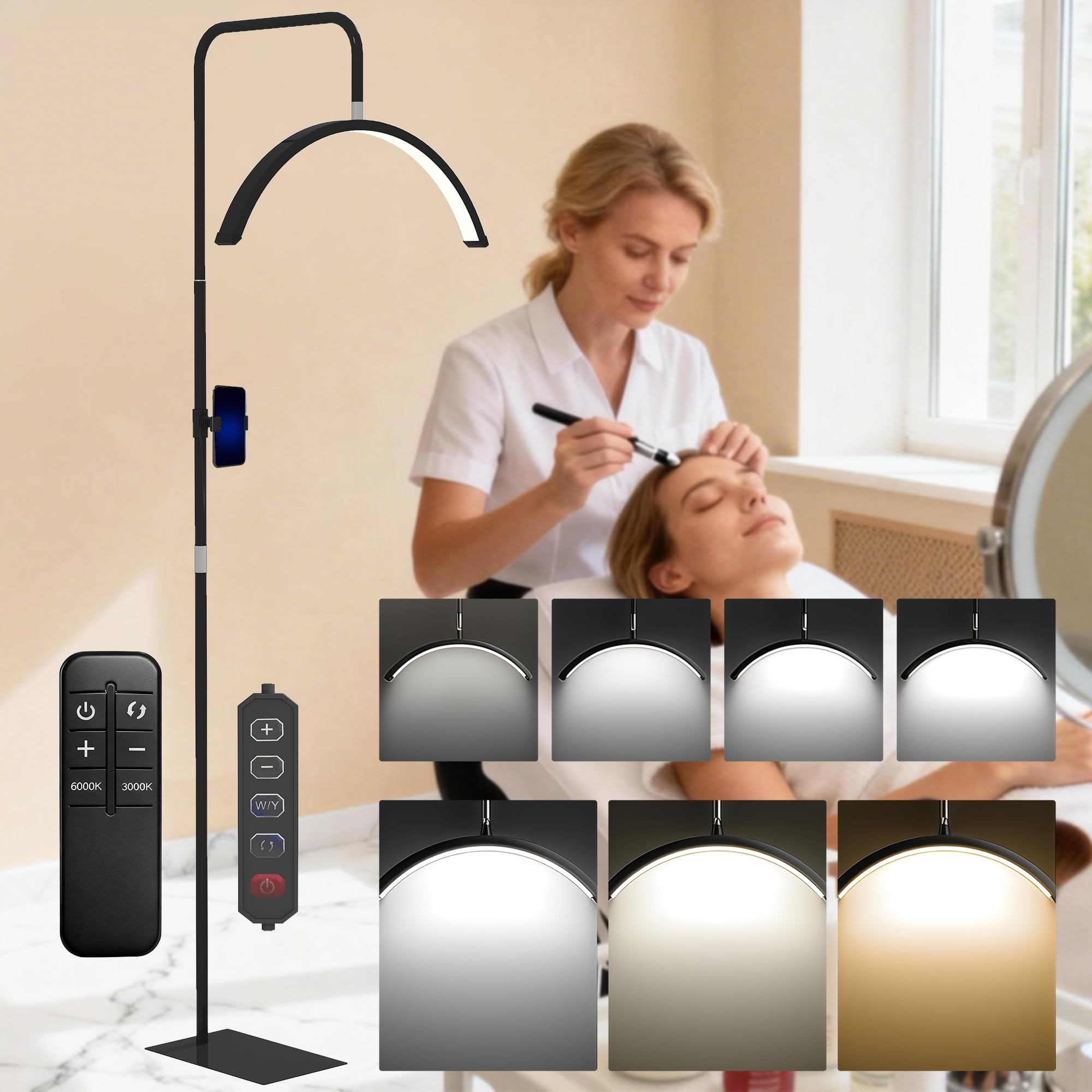 Homcom Black Half Moon Lash Light, Beauty Floor Lamp With 350° Rotatable Head, 7 Colour Temperature And Phone Holder, Dimmable Standing Lamp For Eyelash Extension, Tattoo, Nails, Skincare,