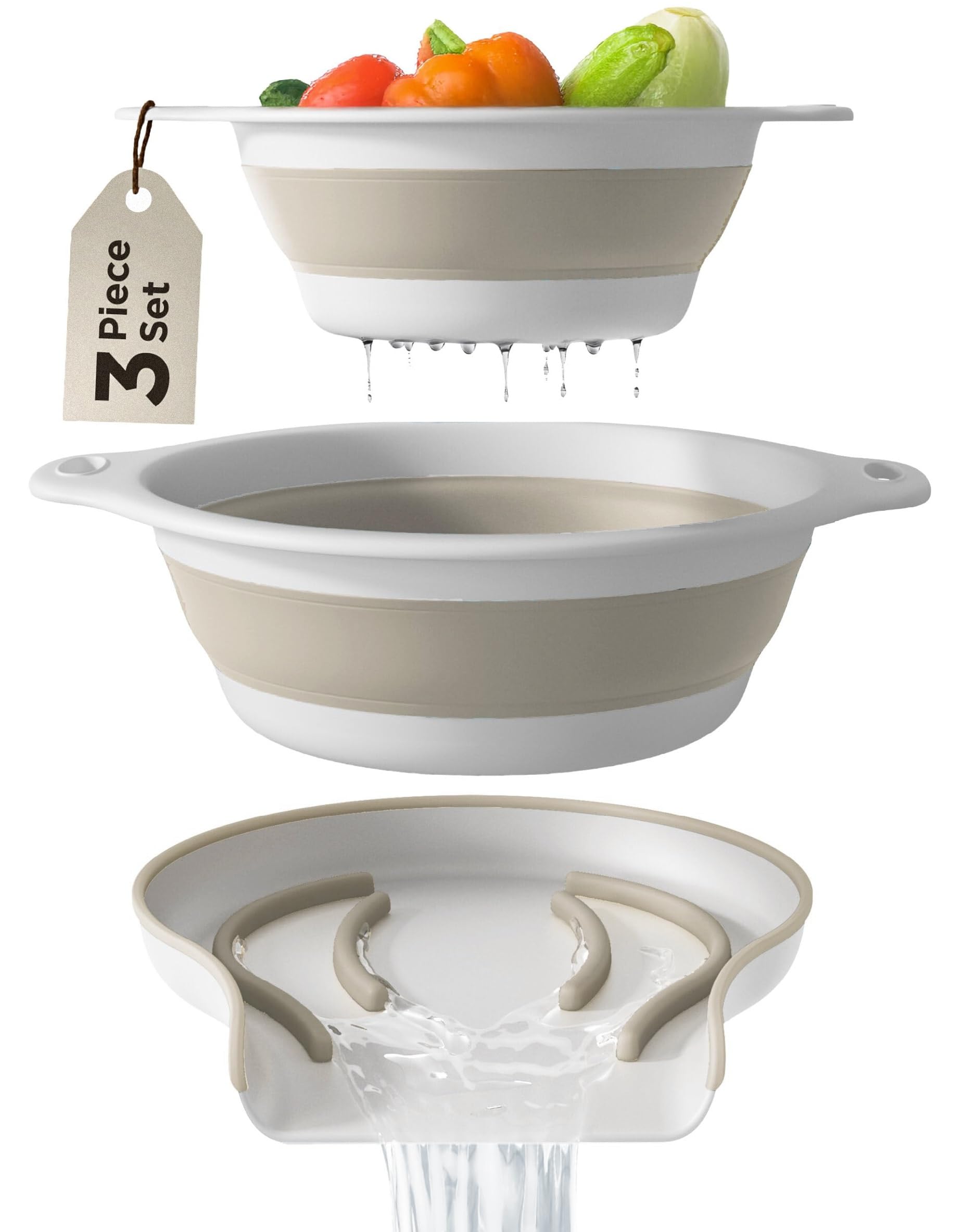 GEVOLI Faltbares Silikon Küchensieb Set mit Wasserablaufbasis für den Spülenrand – Klappbare Siebe zum Abtropfen von Nudeln, Gemüse und Obst, Platzsparend für Küche & Camping, Weiß/Beige (4 L & 5 L)