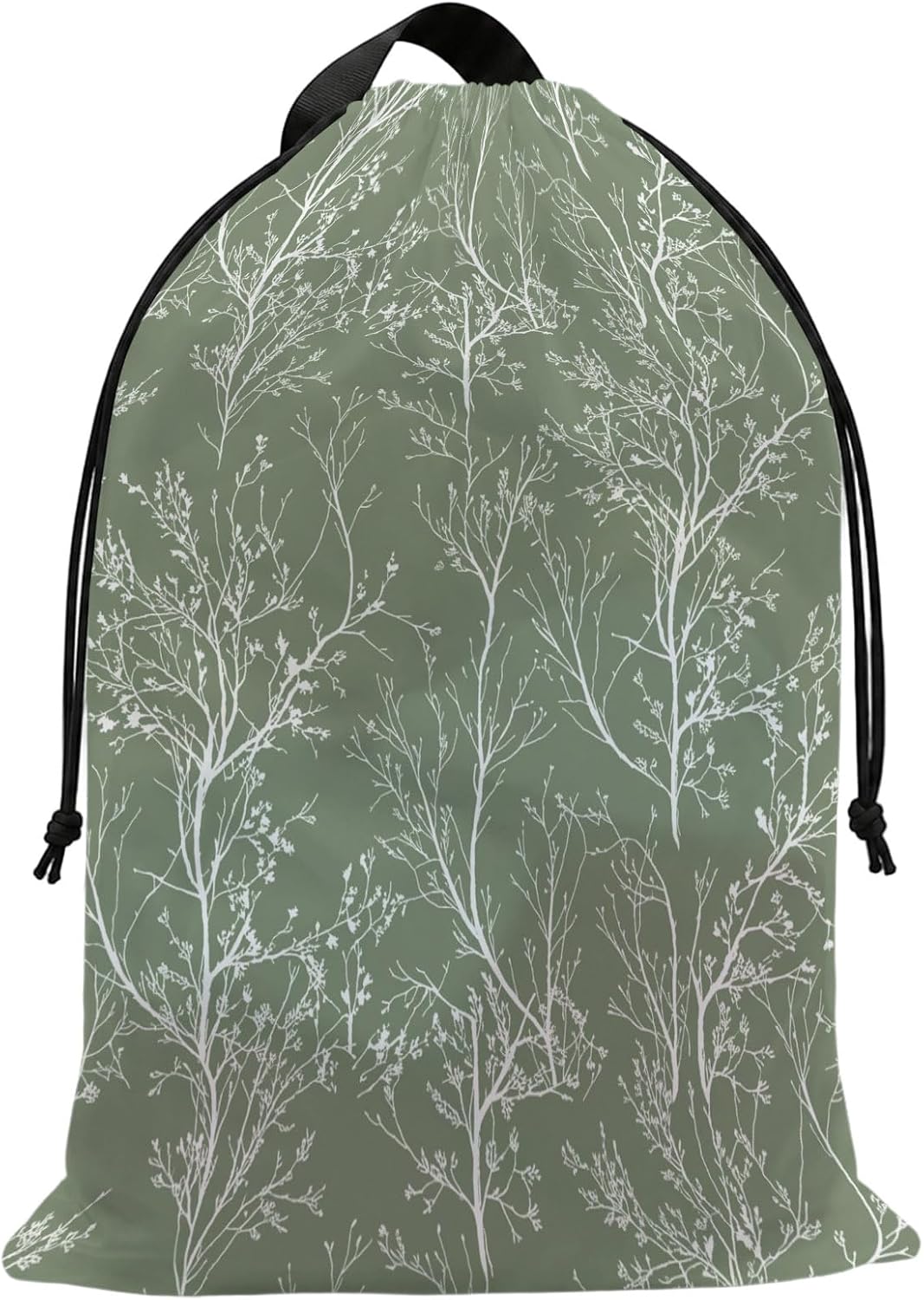 Laundry Bag with Handles Abstract White Branches Large Laundry Hamper Bag for Dirty Clothes Minimalist Botanical Sage Green Laundry Basket Storage Bag for Bedroom Dorm Apartment