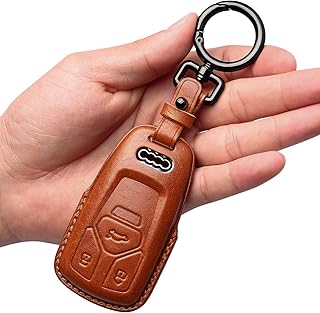 Tukellen for Audi Key Fob Cover Genuine Leather with Keychain,Leather Key Case Protector Compatible Audi A4 Q7 Q5 TT A3 A6 SQ5 R8 S5 Smart Key-Brown