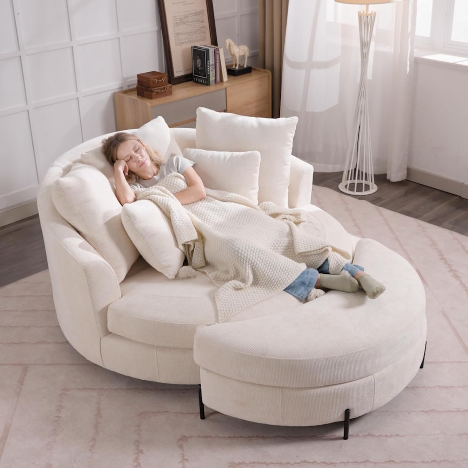 Sinzho & Wiyfun 59.8" W Upholstered Oversized Round Barrel Chair Extra Large Accent Chair with Half Moon Storage Ottoman & Wheels & 5 Pillows for Living Room, Knitted Chenille Fabric, Wheat Set-wheat