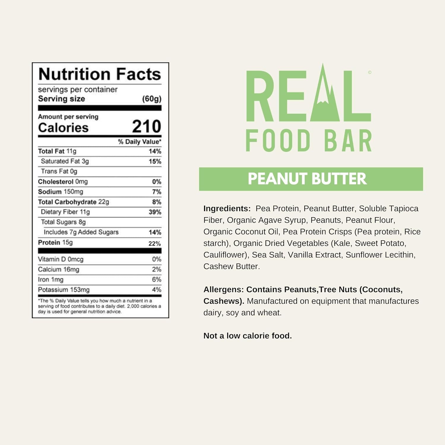 Just Real Food Bar - Plant Based Protein Bar – Peanut Butter - 12 Count - 15g Protein - High Energy, Paleo, Vegan, and Non GMO - Gluten Free, Dairy Free and Soy Free
