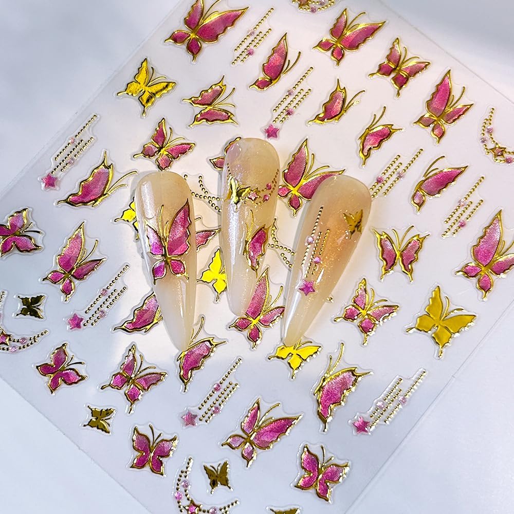 6Sheets Butterfly Nail Stickers Laser 5D Embossed Nail Decals Gold Nail Designs Spring Summer Nails Supplies 3D Self-Adhesive Colorful Animal Prints Stars Nails Stickers Decals for Women DIY Manicure image 5