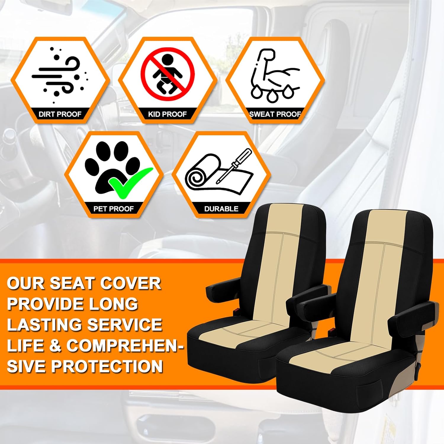 RV Seat Covers Compatible with Motorhome Captain Chairs, Driver & Passenger Leather and Neoprene Fabric Seat Covers,Black and Tan