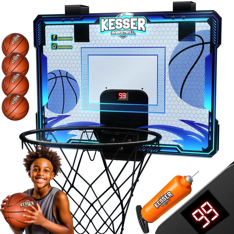 KESSER® Mini-Basketballkorb fürs Zimmer & Büro | Tür-Basketballkorb Indoor & Outdoor | Basketball-Board für Kinder-Zimmer & Wandmontage | Basketballbrett inkl. Ballnetz Pumpe & Ball & LED-Anzeigetafel