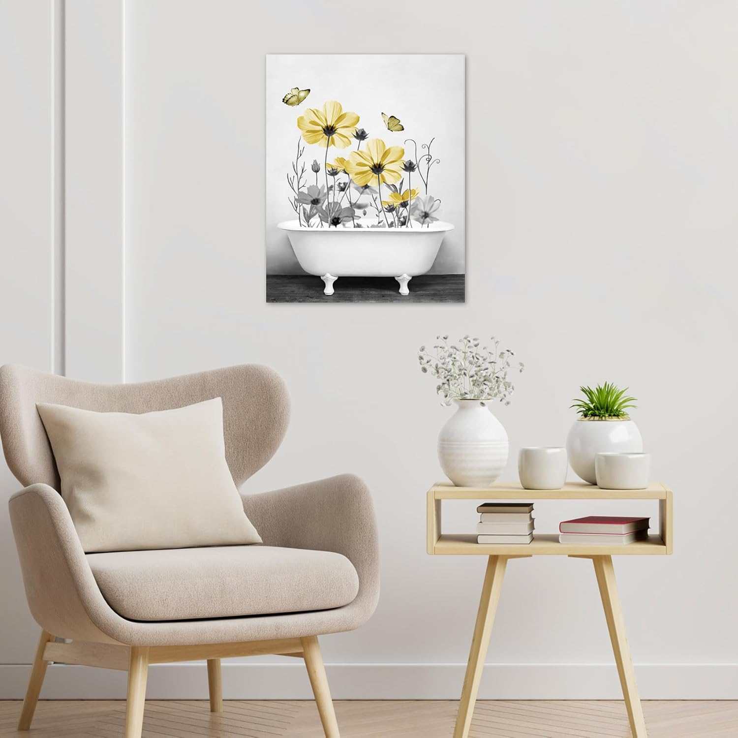 HVEST Farmhouse Yellow Wildflower Wall Art for Living Room,Yellow and Gray Floral Butterfly on Rustic Wood Canvas Wall Art Nature Flower Pictures Wall Decor for Bathroom Bedroom Decor,20L X 16W inches