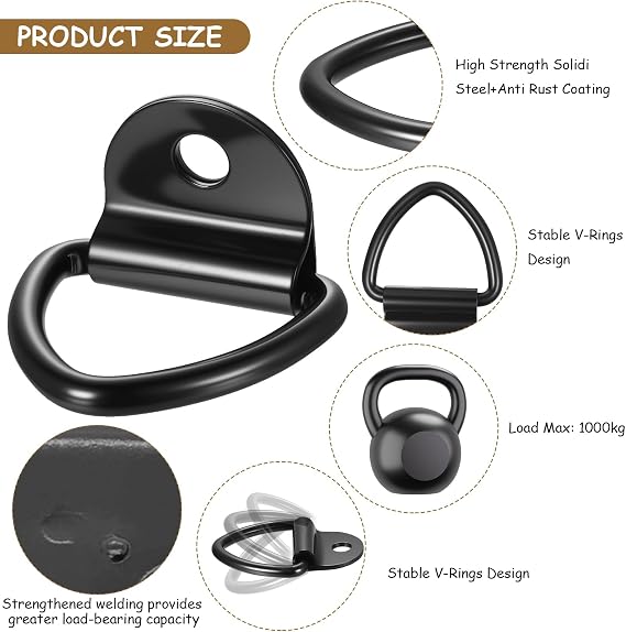 8 PCS Tie Down Anchor, Heavy Duty Tie Down Rings V Mounting Ring Lashing Eyelets, Steel D Ring Cargo Trailer Anchor Hook with Load 500 kg for Securing Loads in Cars, Kayaks and Trailers