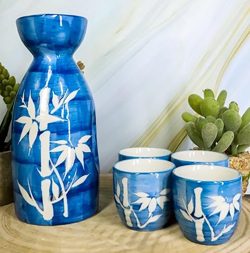 Miniatura 7 de Ebros Gift Ceremonia tradicional Blue Jeans cerámica de porcelana con diseño de silueta de bambú blanco de la suerte, sake de vino de arroz japonés,