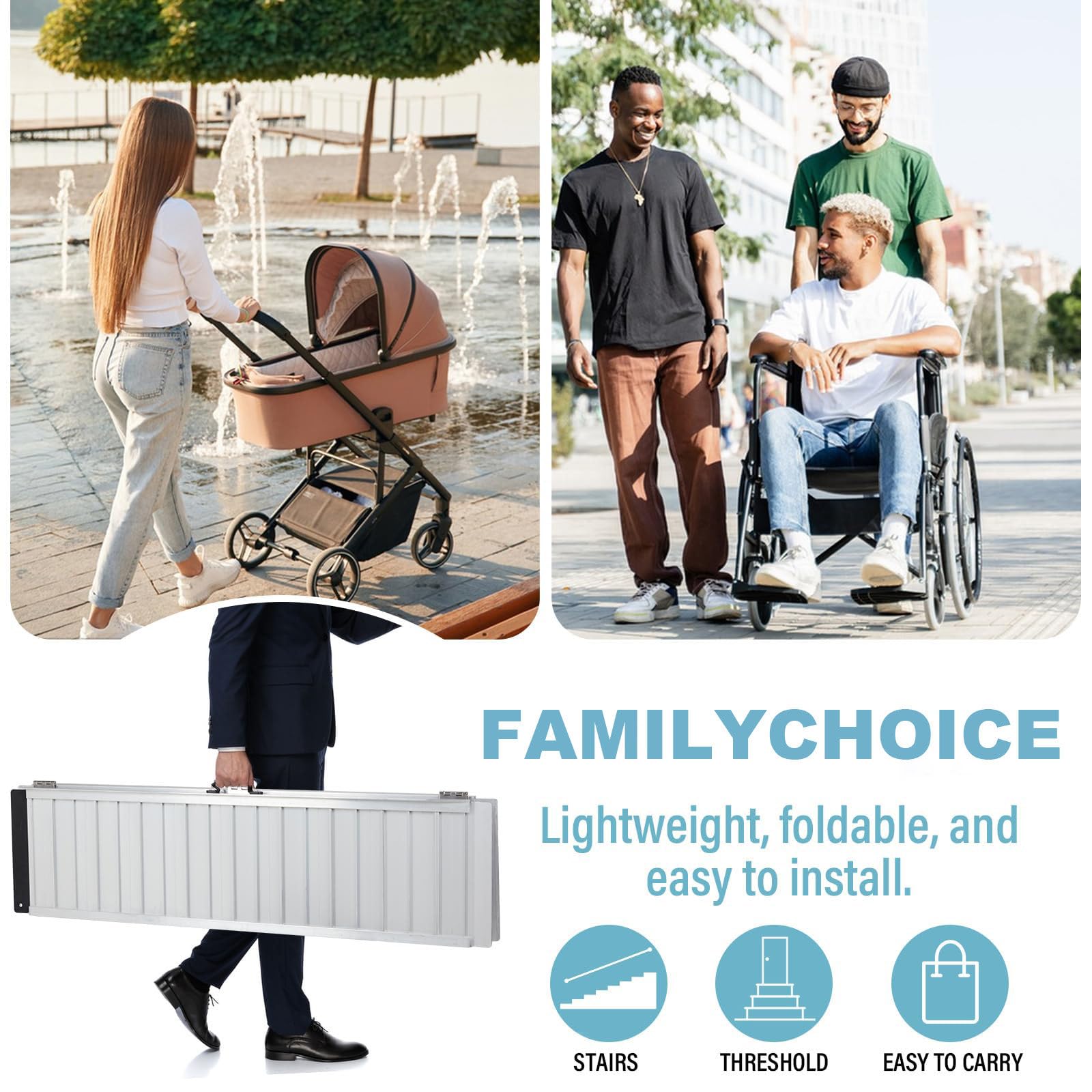 Rampa plegable portátil para acceso a sillas de ruedas, capacidad de 600 libras con placa de transición y calcomanías reflectantes para una movilidad segura