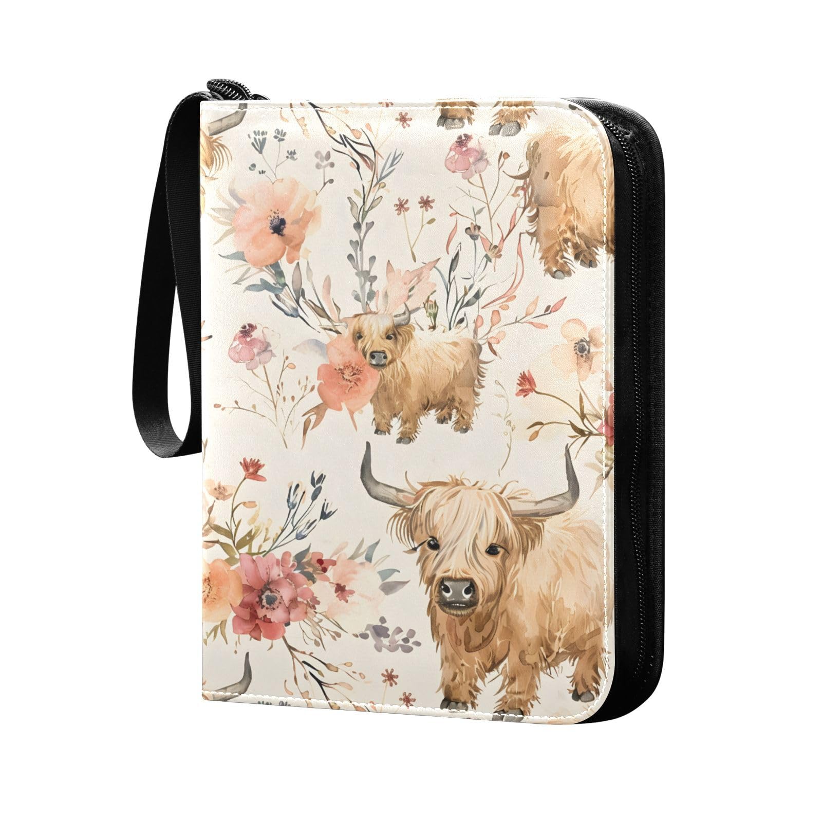 Cute Highland Cows Flowers Card Binder 4 Pocket Zipper PU Trading Card Album Fits 400 Game Cards 50 Removable Sleeves Card Folder Collection for Baseball MTG TCG Sports Cards