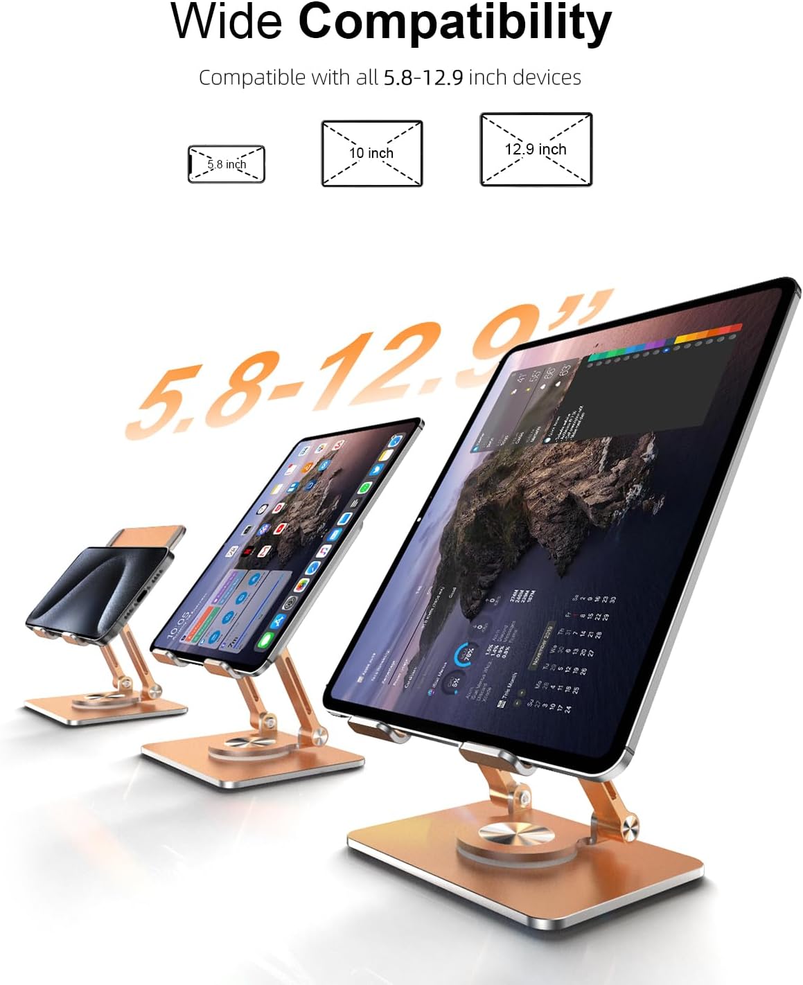 Orlian Tablet Stand Holder with Thickened 360°Rotating Base Dual Rod Adjustable Aluminum Stand for All 5.8-12.9” iPad Samsung Phone Tablet Kindle E-Reader and More, Rose