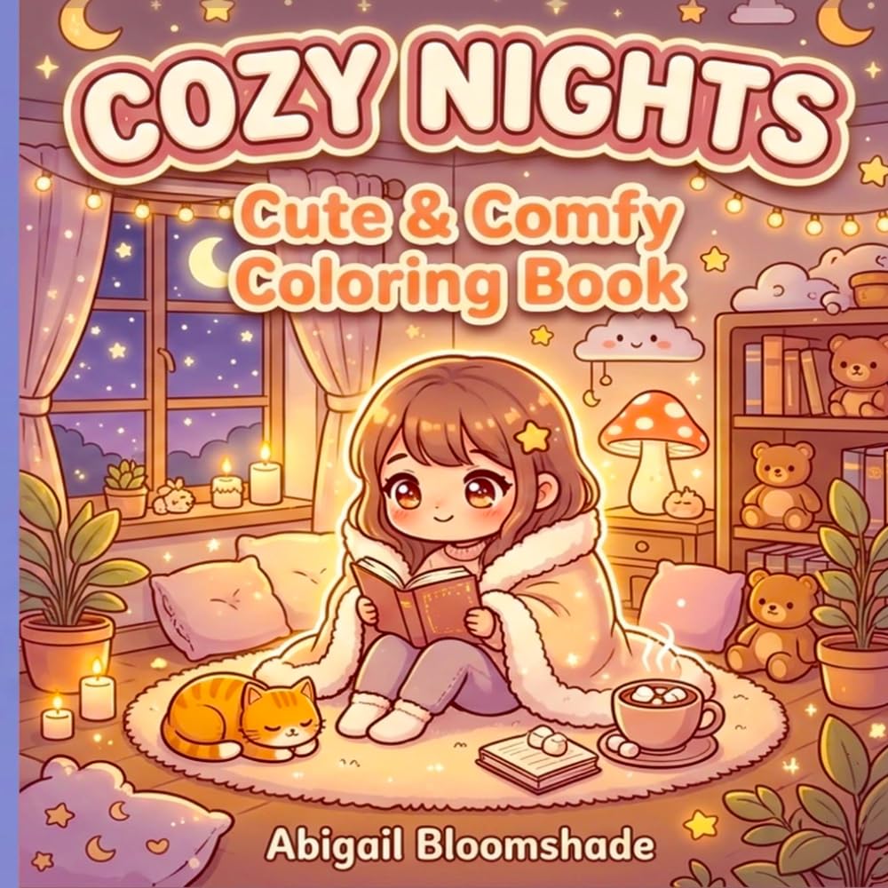 Cozy Nights Coloring Book: Cute and Relaxing Coloring Pages with Kawaii Characters and Cozy Rooms for Teens and Adults