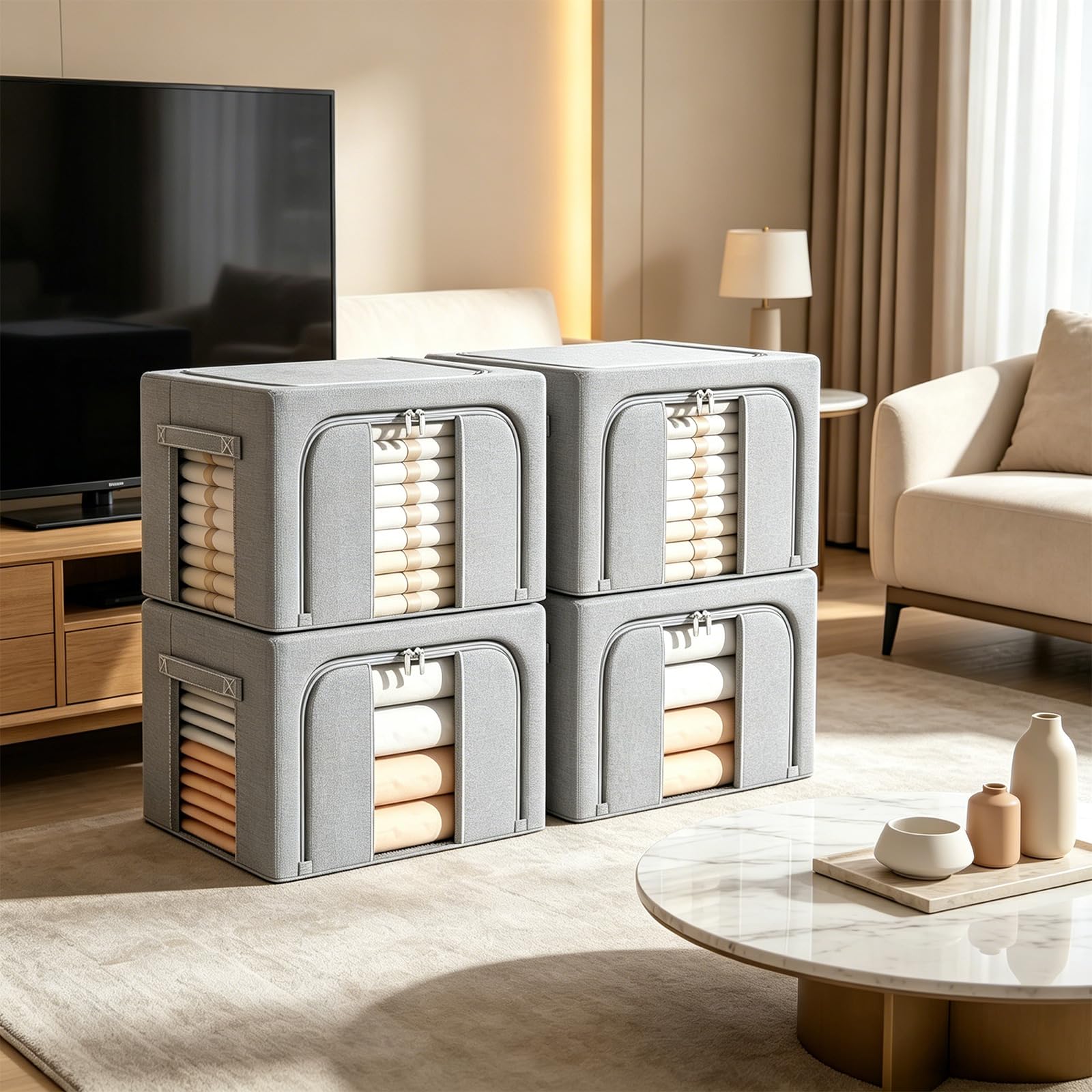 4 sztuki zbudowane ze wzmocnionej metalowej ramy i widocznych paneli do sezonowej odzieży lnianej pudełka do przechowywania ergonomiczne uchwyty organizery lniane pudełka do przechowywania