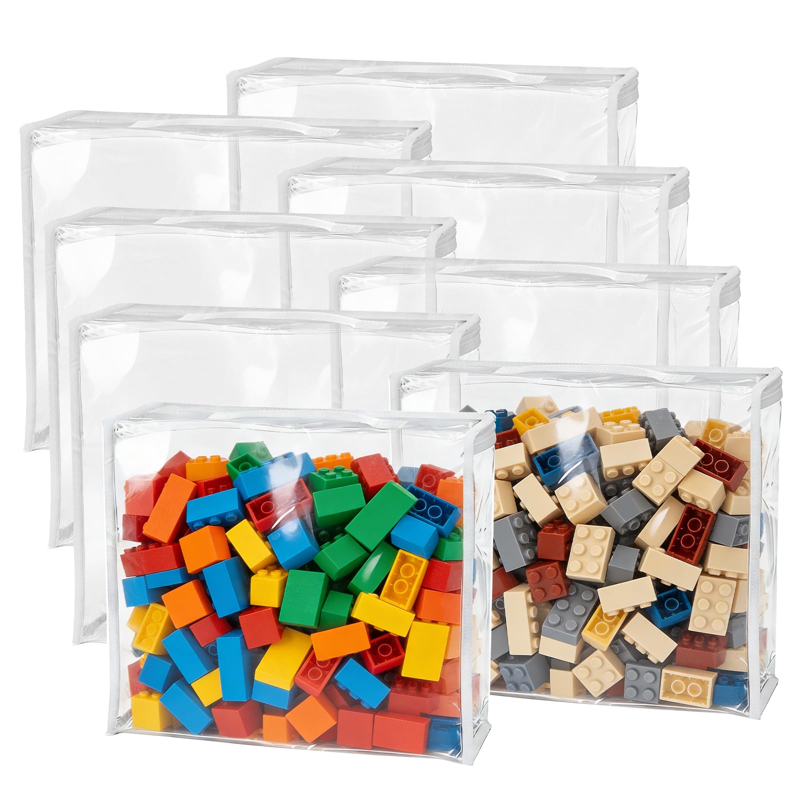 QEEYON 8 Pack Large Toy Storage Bags, PVC Large Clear Storage Bags, 32x31x8cm Waterproof Toys Organiser Storage Zipper Organizing Bags for Building Blocks, Puzzle, Clay, Book, Plush Toys