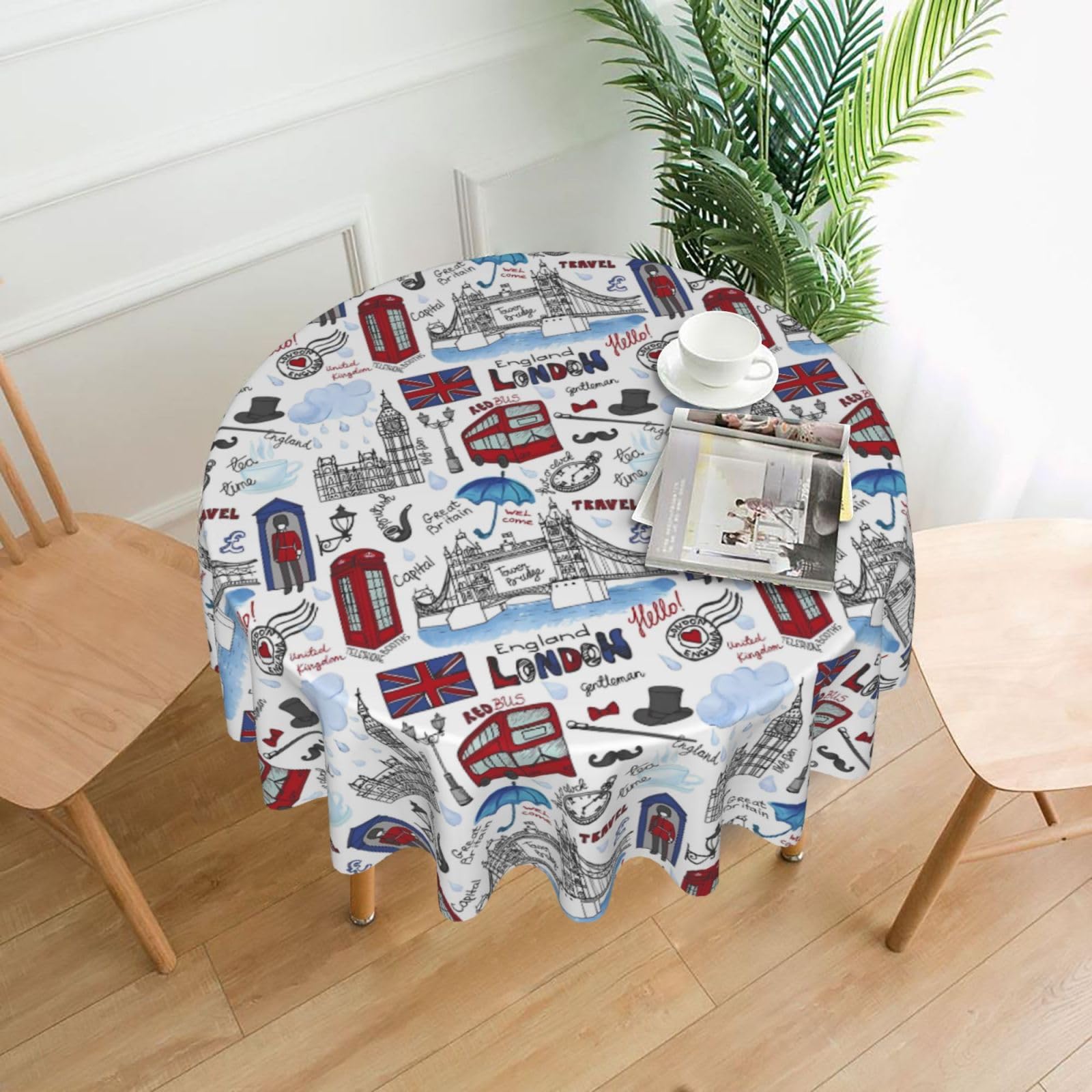 YYHWHJDE London Prints 60in Round Decorative Tablecloth – High-Grade Polyester Throw for Stylish Dining & Event Table Protection