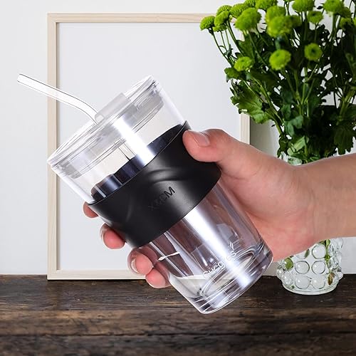 Miniatura 7 de UPKOCH 2 vasos de vidrio con tapa y pajita, vaso de 16 onzas, vaso de vidrio grueso para pared con tapa sellada, tazas de café helado con funda de