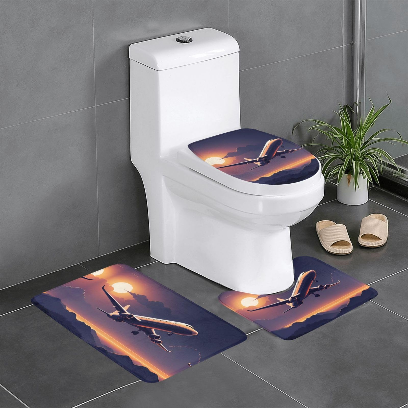 Tapis de salle de bain évasion avion pour meuble-lavabo et WC lot de 3