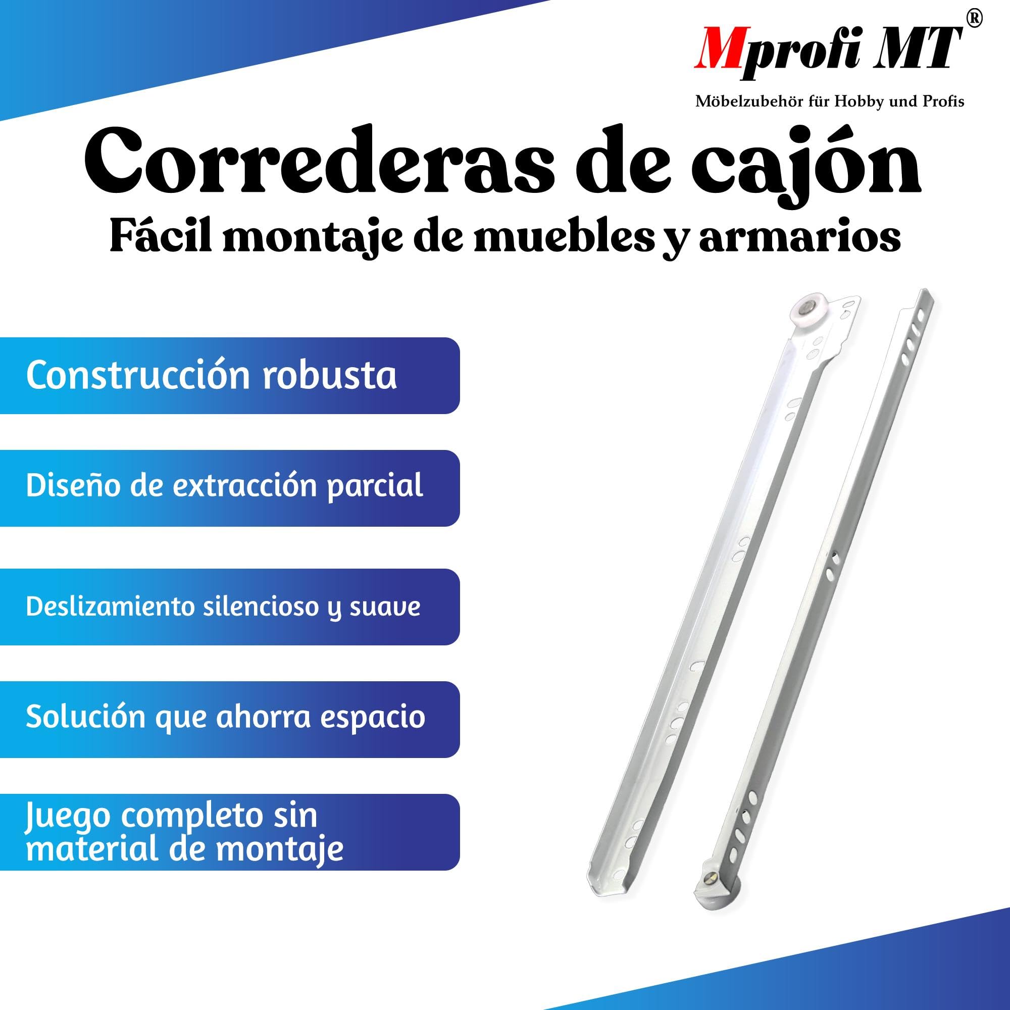 Mprofi MT® 20 Piezas, 10 Pares | Guías para Cajones | L:350mm | Correderas de Cajón | Extracción de Cajones | Rieles para Cajones | Guía de Bolas | Extracción Parcial