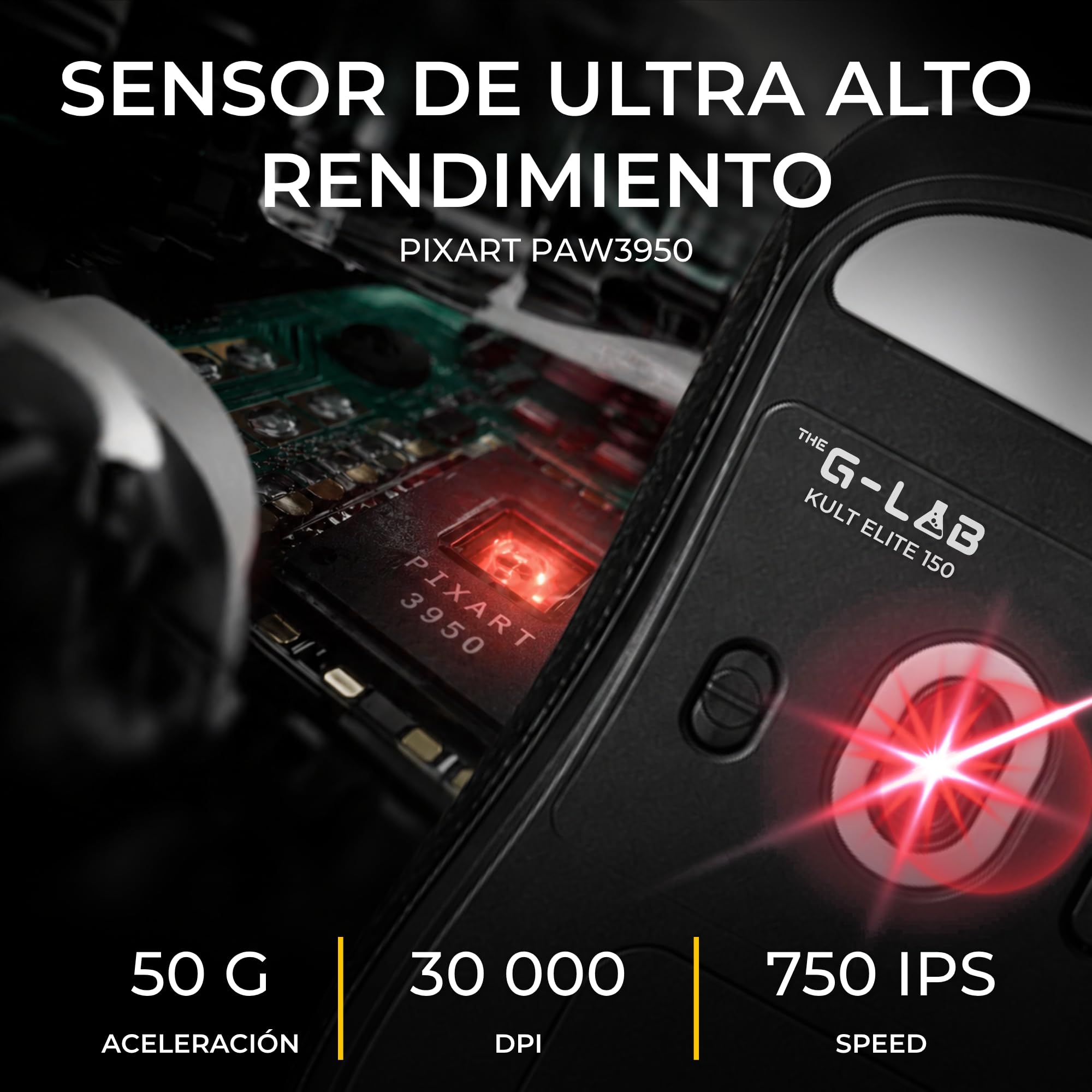 The G-Lab Kult Elite M150 - Raton Gaming Ultra Reactivo, Captor Óptico PixArt 3950, 30.000 DPI, 8.000 Hz, Patines PTFE - Raton inalambrico Triple Modo 2.4 GHz/BT/Cable con Software, 2 Baterías y Grips