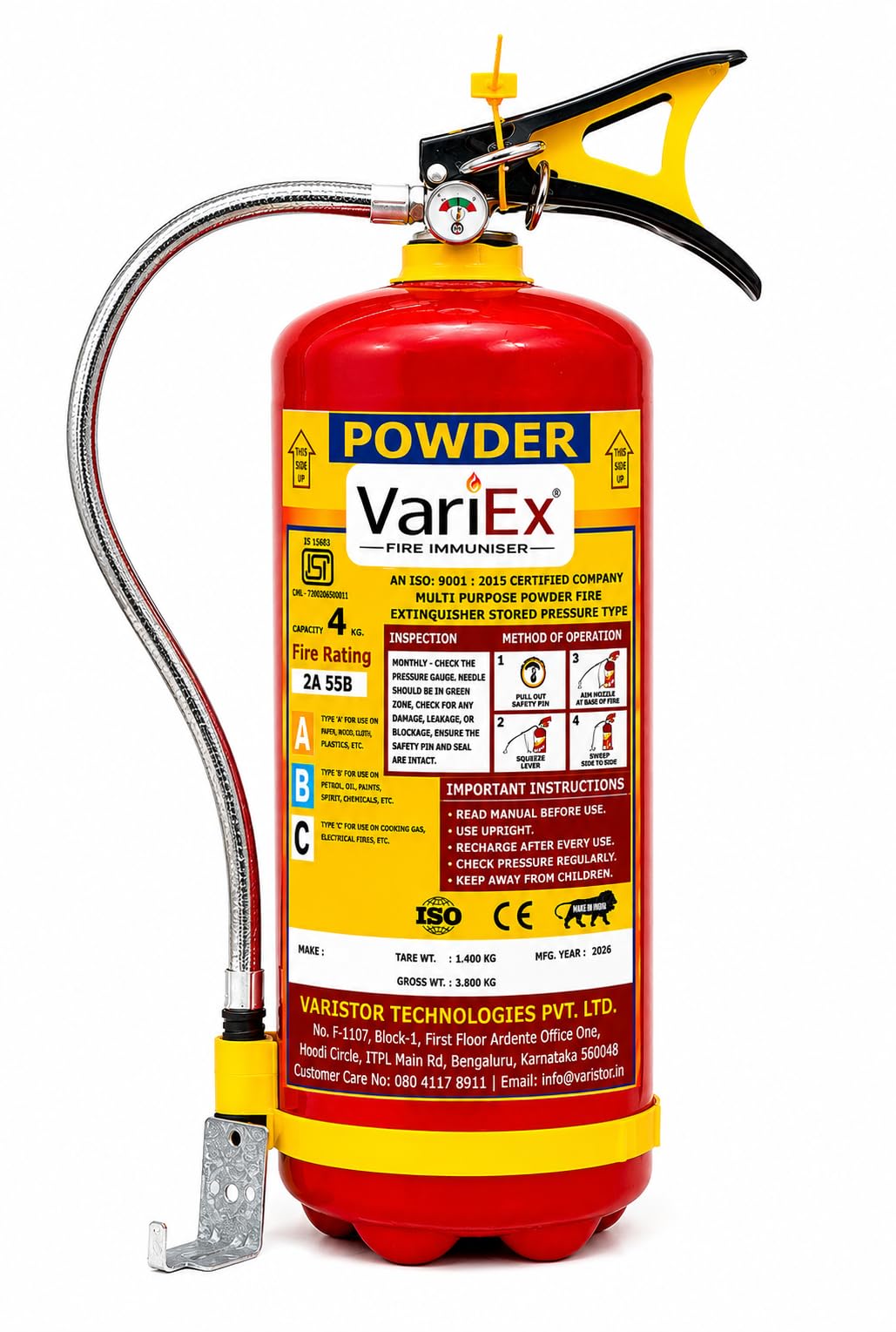 VariEx ABC Dry Powder Fire Extinguisher | Multipurpose Class A, B & C Fire Protection | Portable Fire Safety Extinguisher for Home, Office, Car & Commercial Use (4 KG, Cylinder)-picture-18