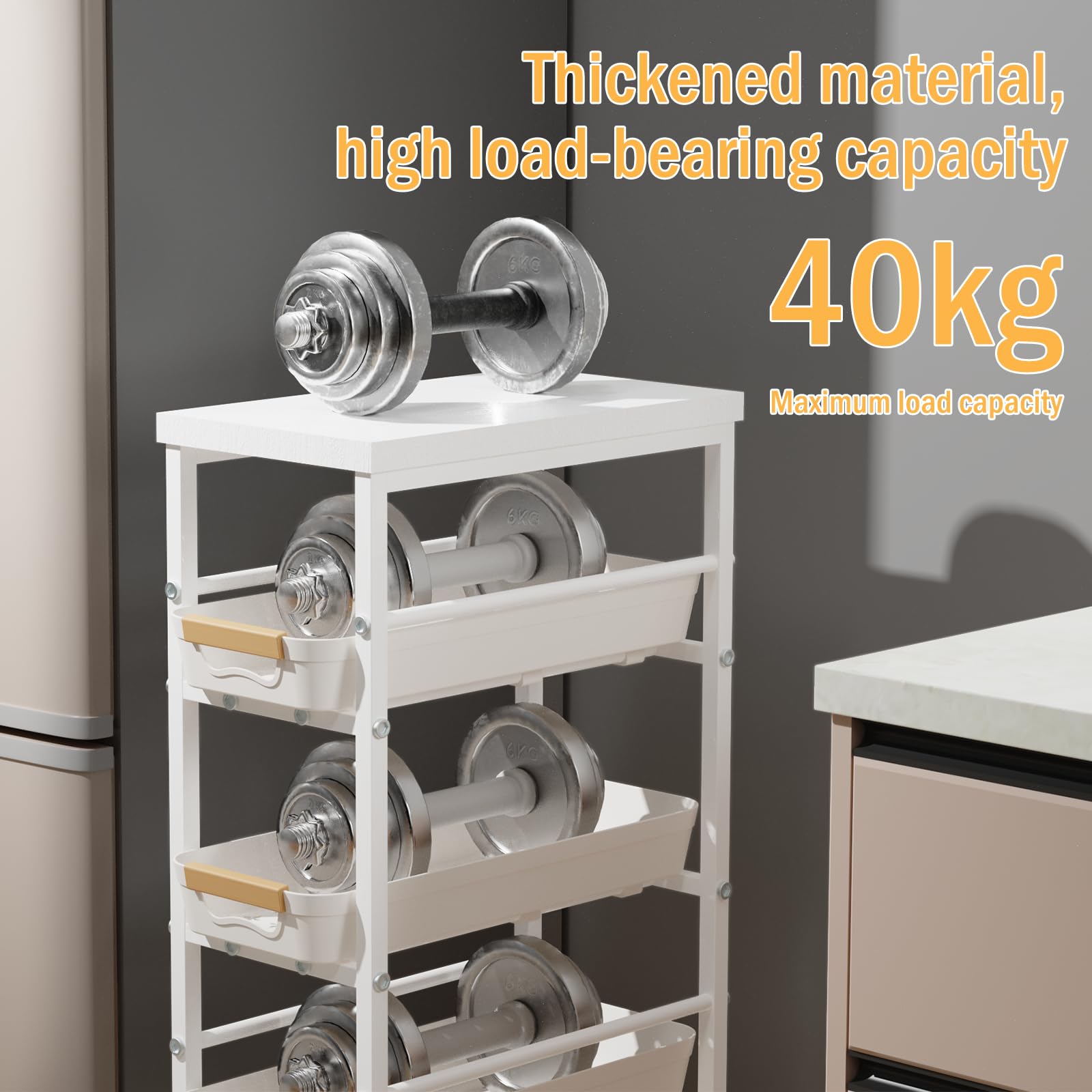 DROMEZ ROMEZ Carrello Cucina a 5 Ripiani, Carrellino Salvaspazio con 4 Cassetti, Bianco - Scaffale Stretto con Ruote, per Bagno Ufficio, L38 x B20 x H81 cm