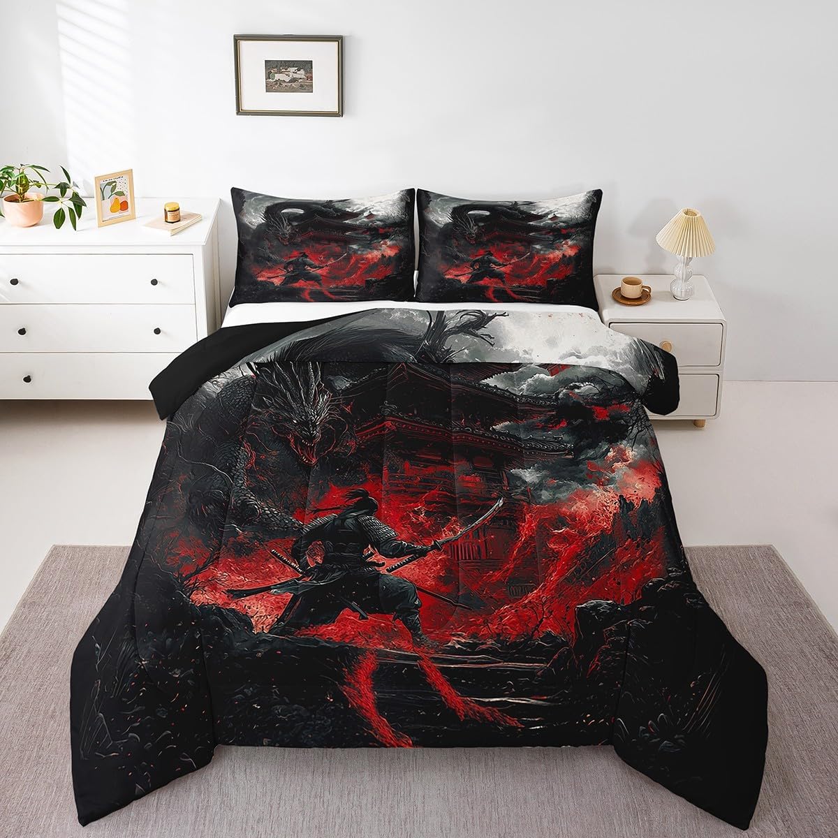 Feelyou Dragon Comforter Set Queen Size Japanese Style Comforter for Boys Girls Teens Samurai Bedding Set Dragon Decor Duvet Set Room Decor Black Red Quilt Set
