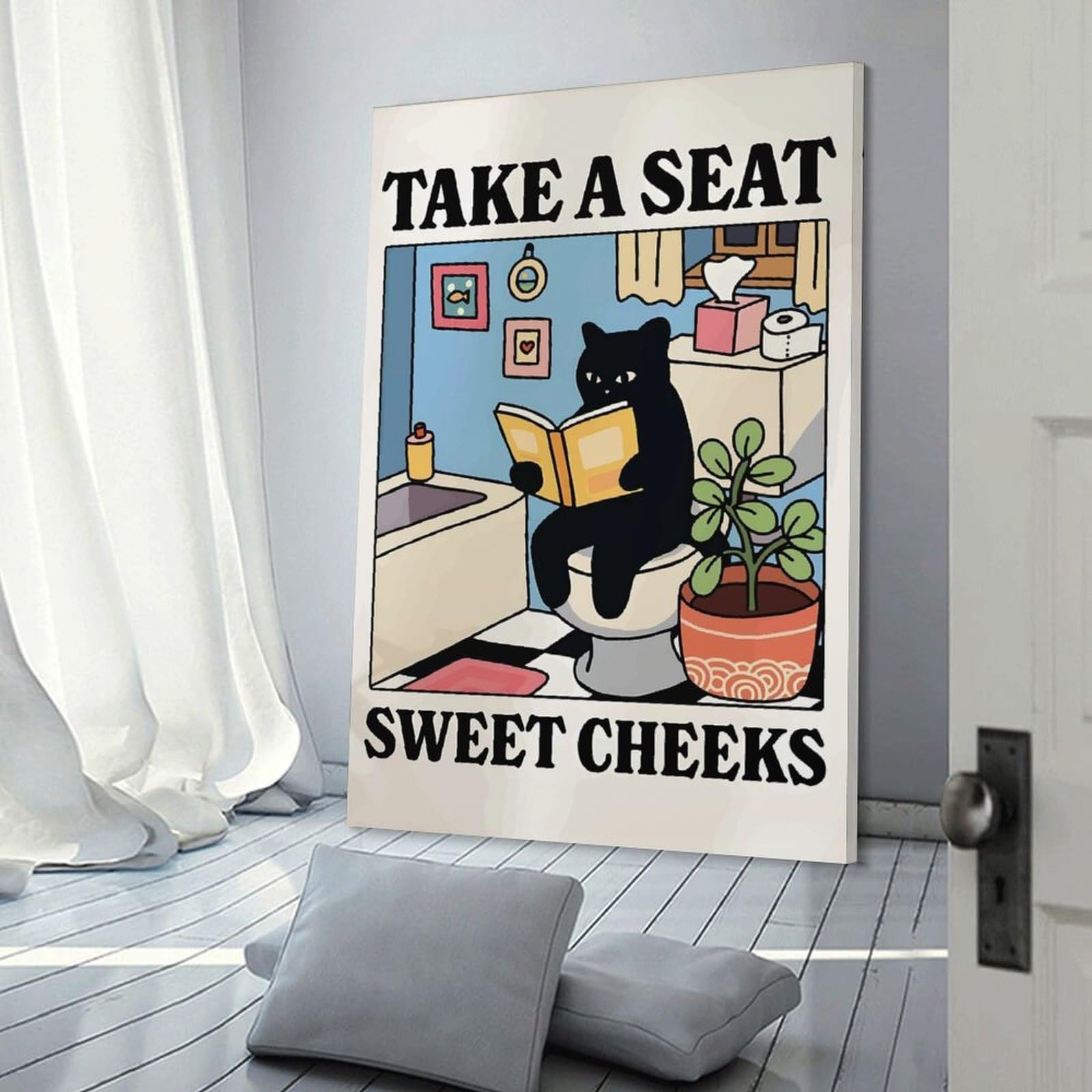 Junmoney Cat Reading on Toilet Art Canvas Art Print 12x18inch(30x45cm), for Gallery Wall Layouts in Home Or Office, Decorative Artwork with Flexible Styling