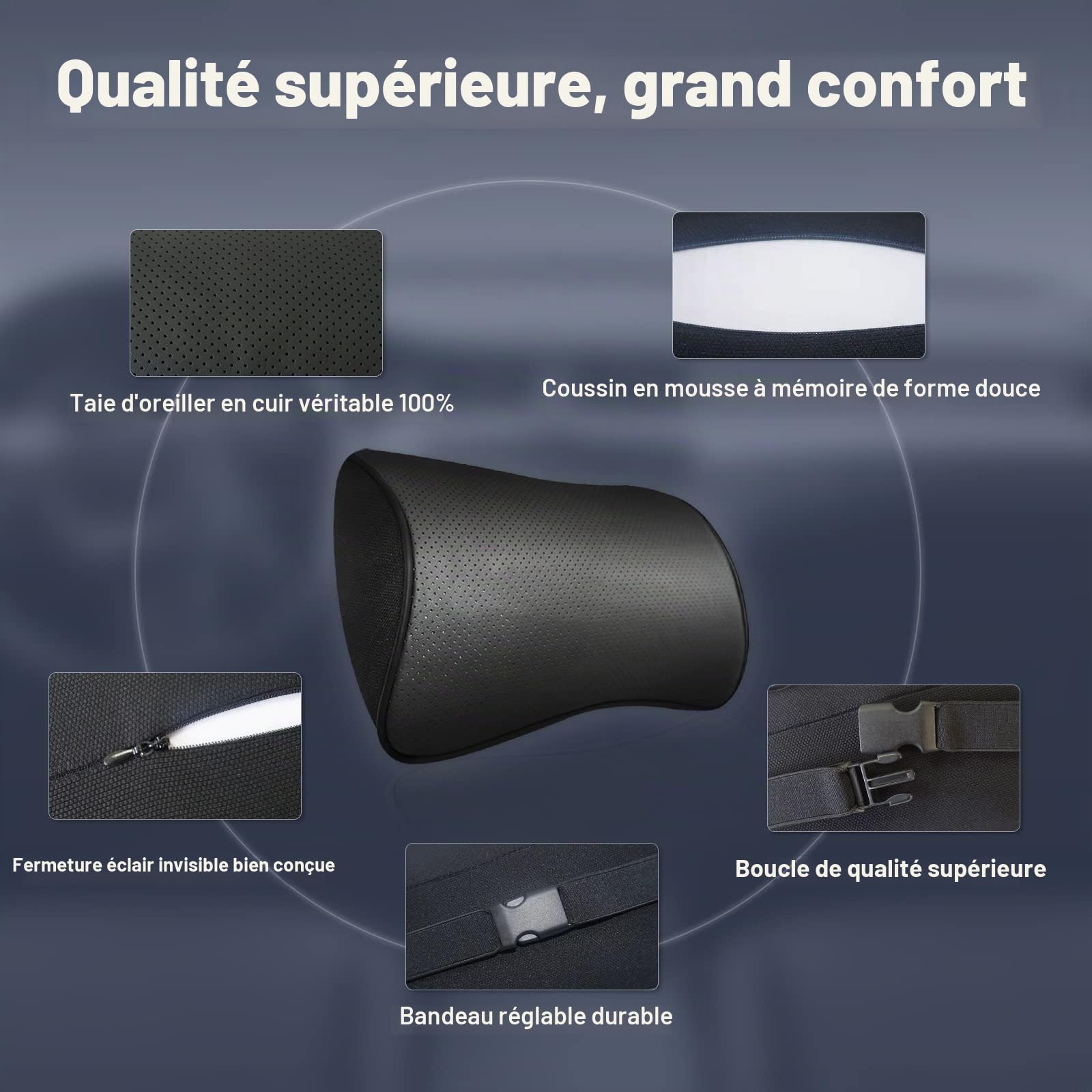 Set de 2 oreillers d'appui - tête de Voiture en Cuir véritable Souple pour Le Soutien du Cou oreillers de Voiture en Mousse à mémoire de Forme pour Aider à soulager Les douleurs au Cou, Noir