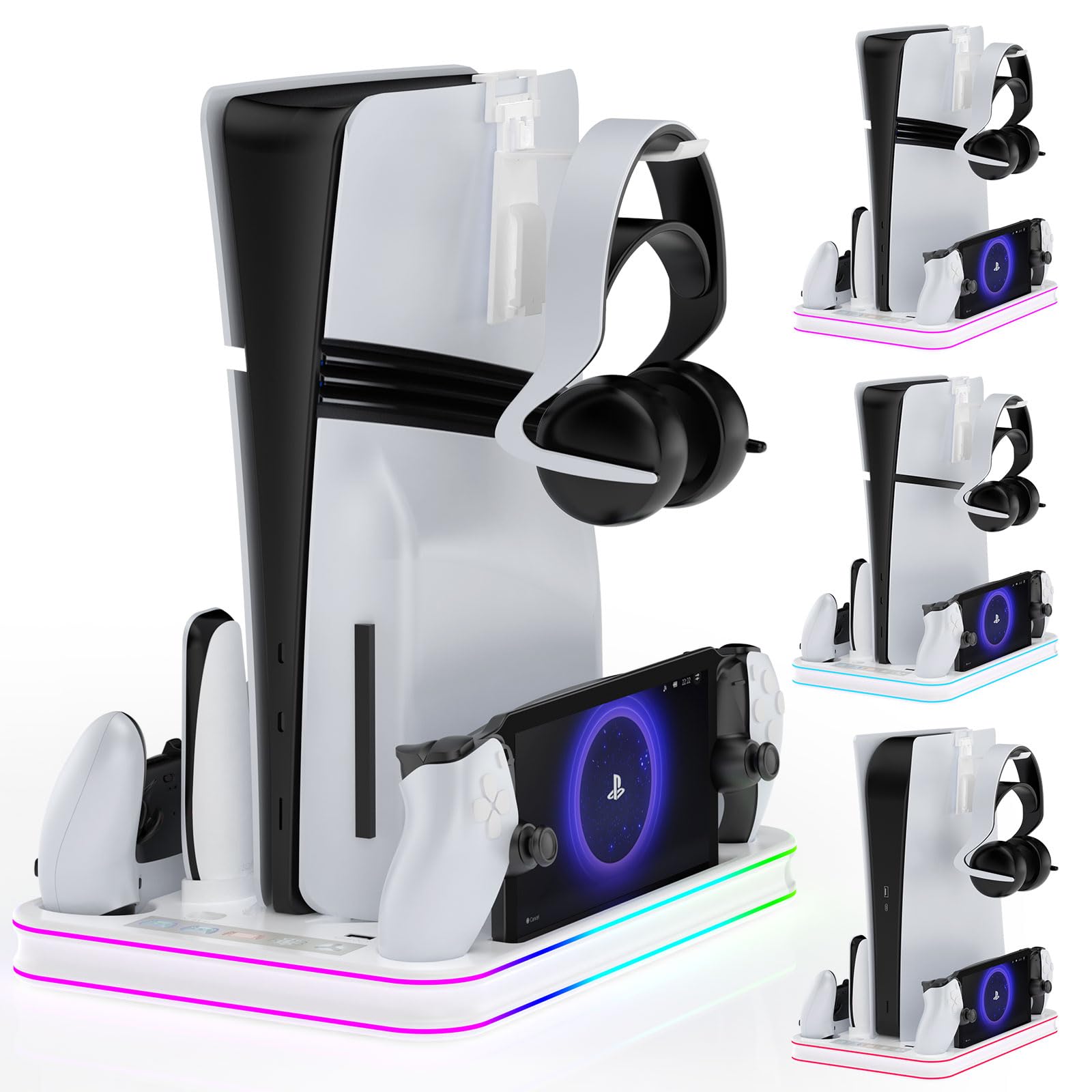 Supporto PS5 con Ventola di Raffreddamento, Stazione Ricarica Verticale per Console Slim/Pro con Luci RGB