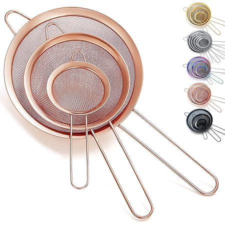 Kyraton Rose Gold Fine Mesh Strainer 3 Pieces Set, Copper Flour Sifter For Baking, Stainless Steel Clander, Matcha Tea Strainer, Gravy Separator, Stasher Sieve Pasta Strainers