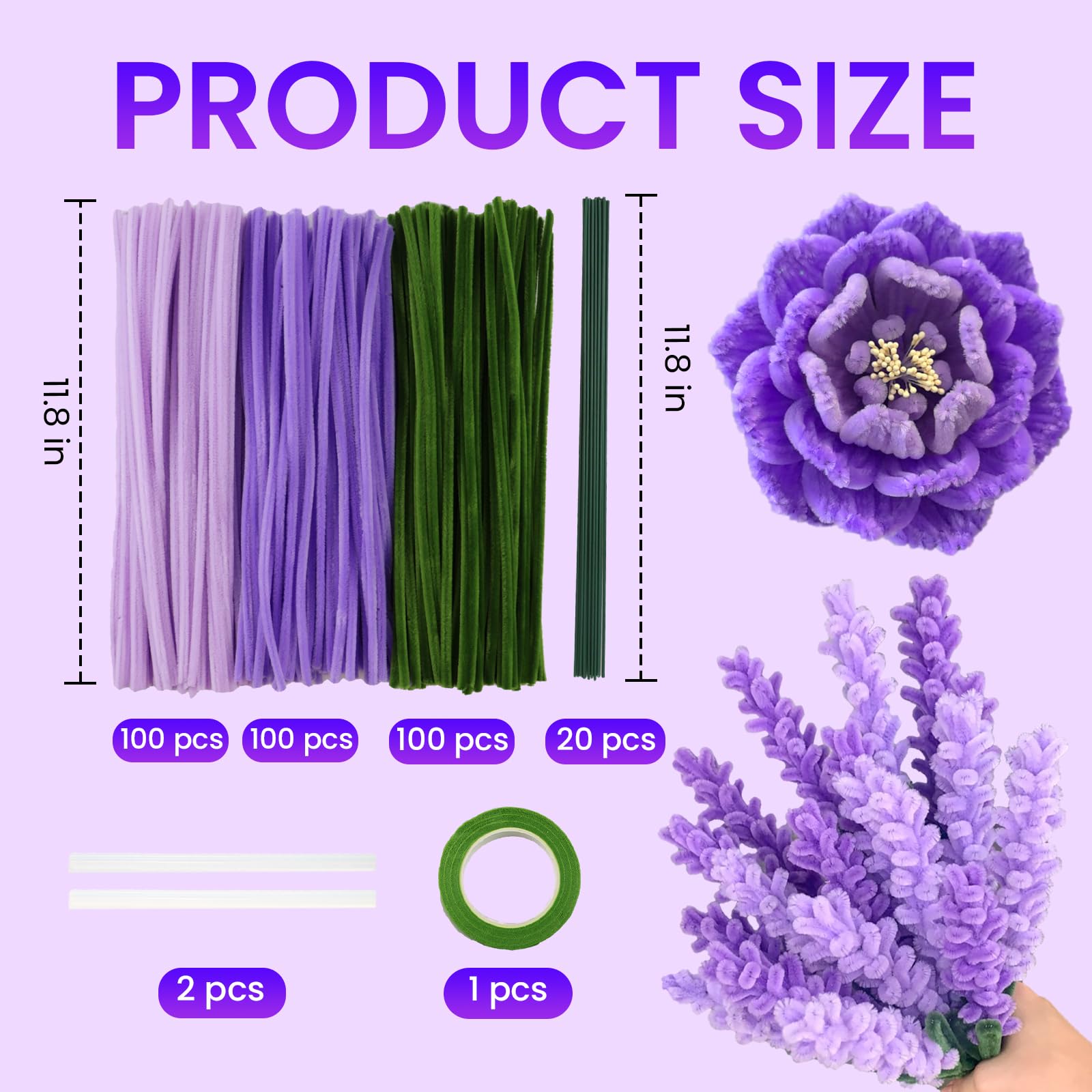 ESUOHYM Pipe Cleaners Craft Flower Kit Bulk Thick Chenille Stems Fluffy Fuzzy Sticks Pack Pipe Craft Kits with Instructions, Floral Stem, Floral Tape, Hot Glue Sticks Arts and Craft Supplies Lavender
