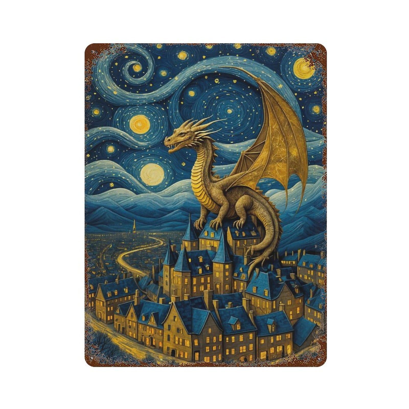 Vintage Rust Metal Sign Dragon Van Goghs Starry 15.7"x11.8", Shabby Chic Decor for Cafe, Home Bar And Lounge Decor