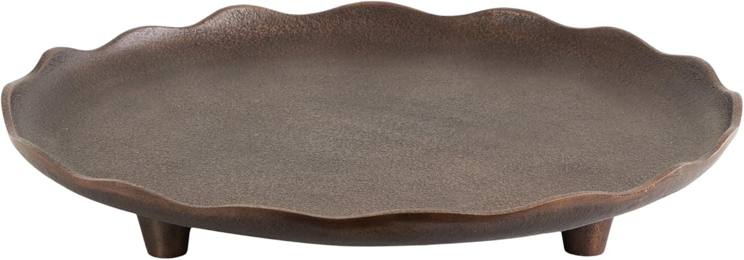 Kate and Laurel Alessia Modern Decorative Scalloped Round Footed Metal Tray, 16 Inch Diameter, Bronze, Transitional Food-Safe Cast Aluminum Pedestal Tray with Rough Texture and Deckled Edge