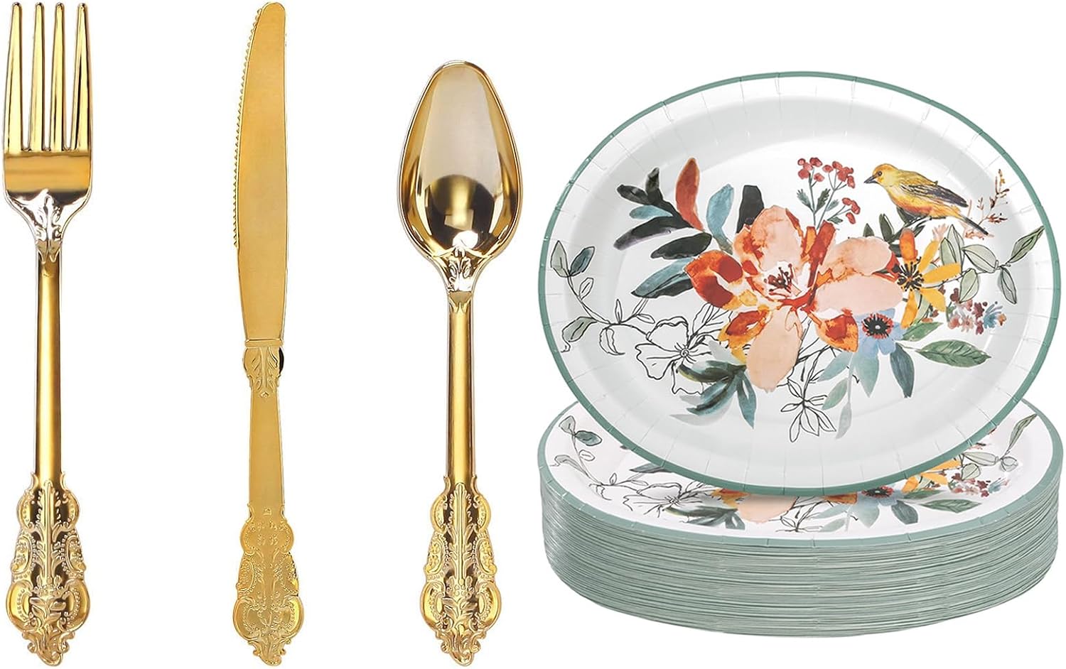 WDF 300 Pieces Gold Plastic Silverware Disposable and WDF 50 Pack Floral Oval Paper Plates