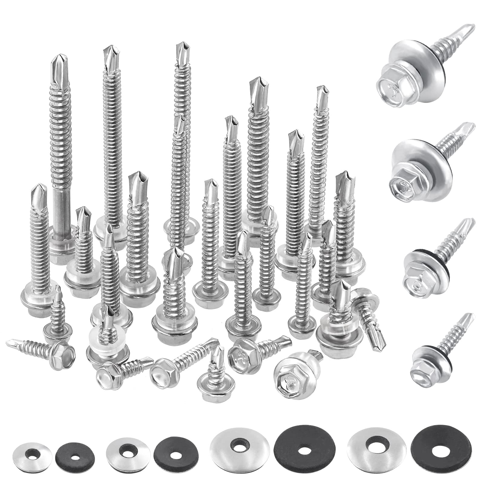 Swpeet 70Pcs 410 Stainless Steel #10 x 2 Hex Washer Head Self Drilling Screws with Stainless Steel #10 x 1/2" Neoprene EPDM Bonded Sealing Washers