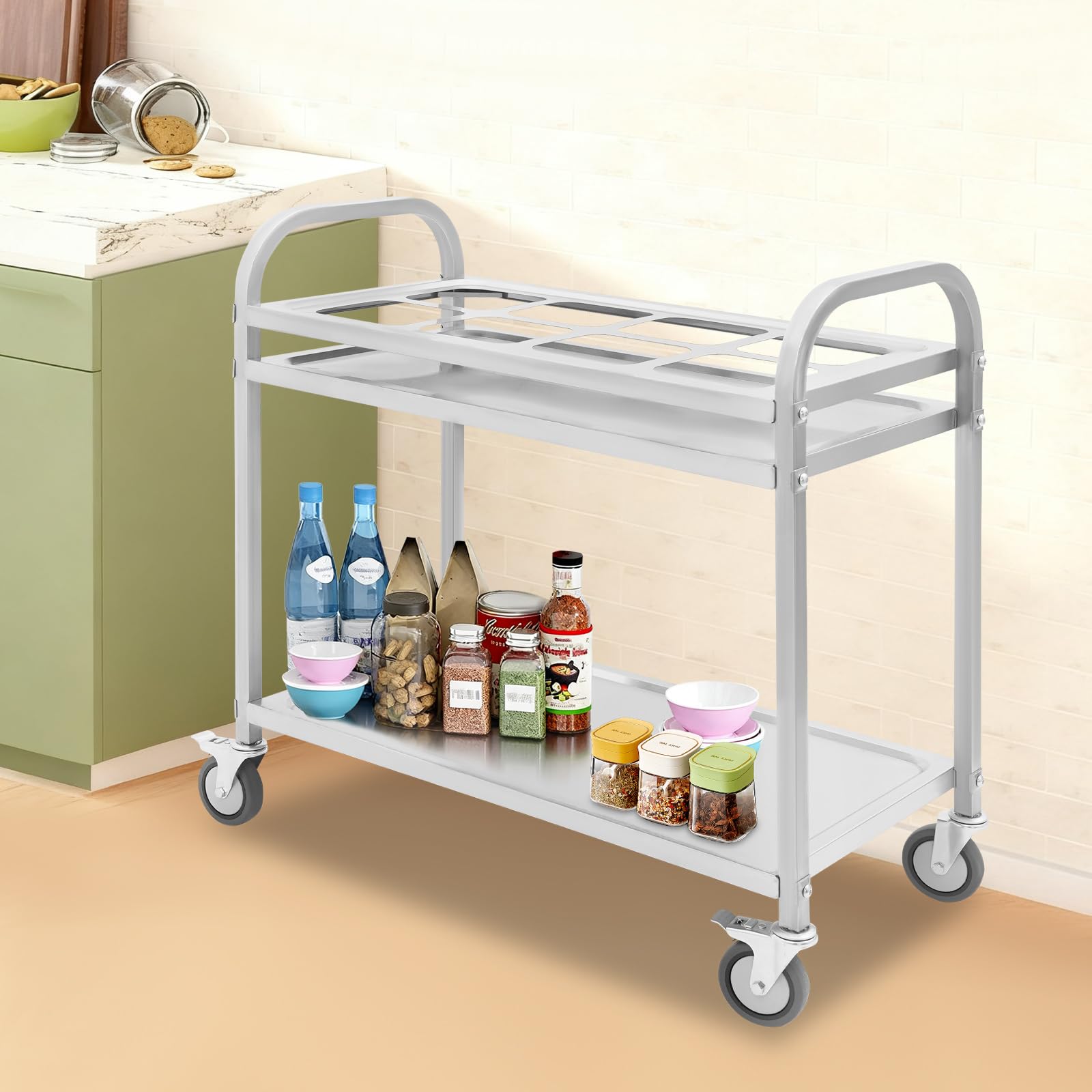 Carro de servicio de acero inoxidable 201, carro de servicio para especias, carrito de servicio con ruedas, para restaurantes, cocinas, restaurantes buffet, hoteles, 85 x 45 x 83,5 cm