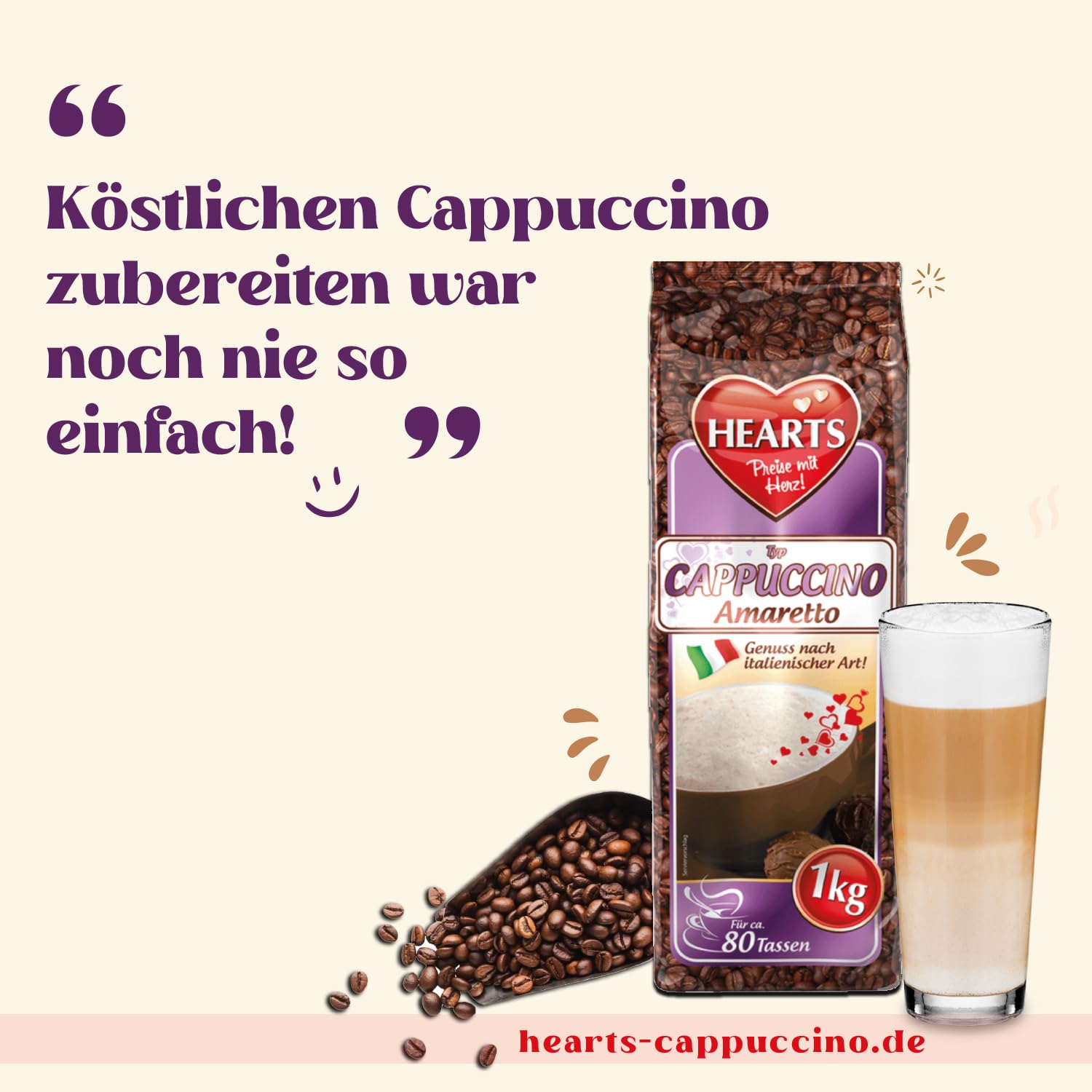 HEARTS Cappuccino Amaretto 10 x 1 kg – przyjemność w stylu włoskim, ok. 80 filiżanek/opakowanie, kawa rozpuszczalna w proszku – opakowanie magazynowe – aromatyczna i rozpuszczalna