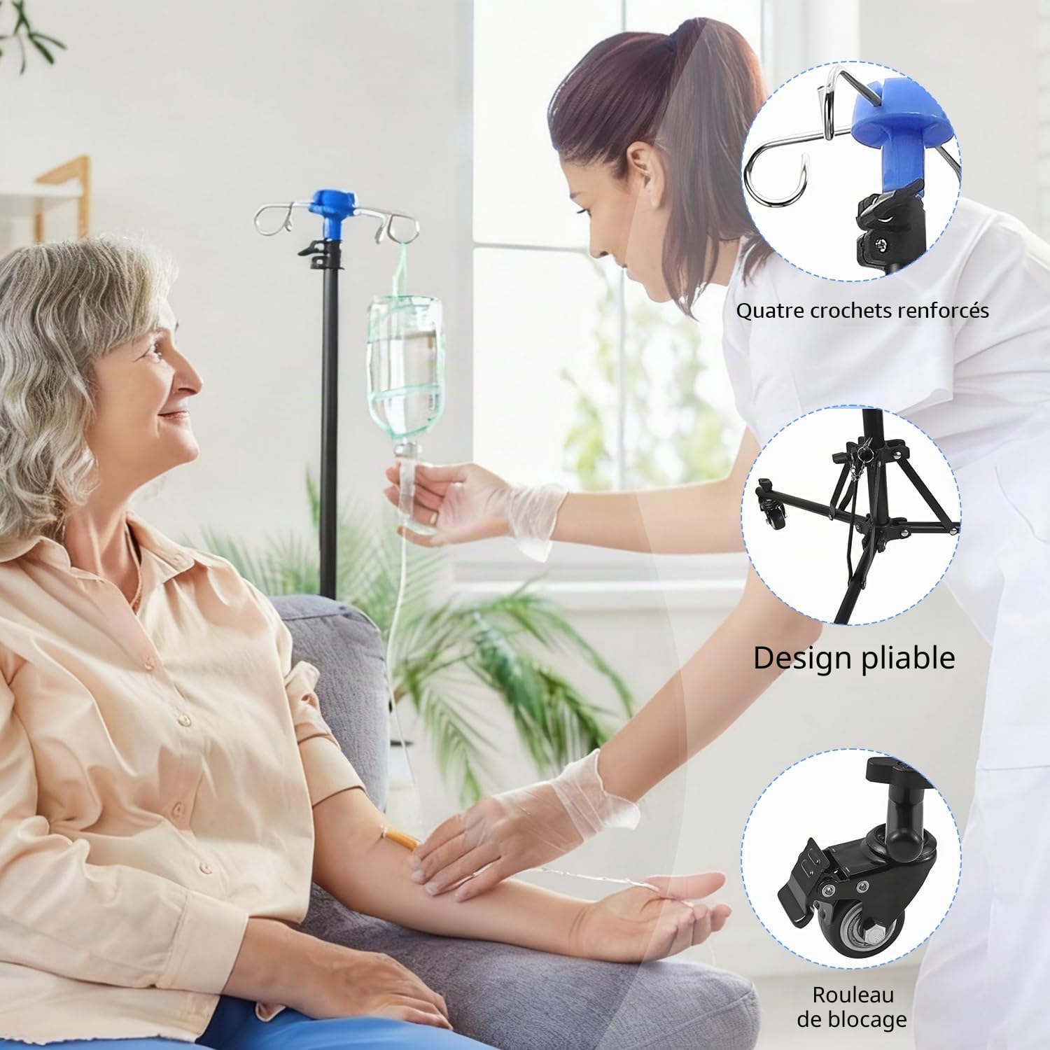 Pied à perfusion avec roulettes, barre IV pliable avec 4 crochets, 3 poches en filet et 1 poche de rangement, pied IV portable, adapté aux hôpitaux et aux soins à domicile
