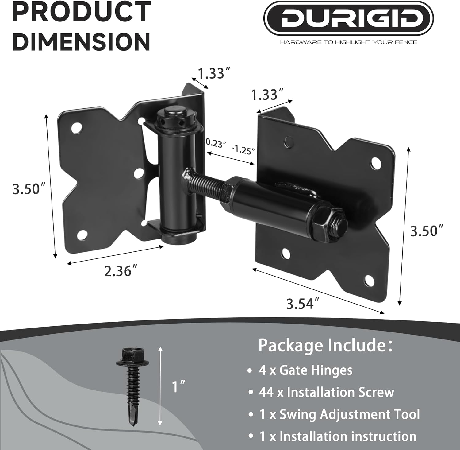 Self Closing Gate Hinges, Gate Hinge Heavy Duty, Shed Door Hinges for Vinyl/Wood Fence/Steal Gate, Self-Tapping Screws and Adjustment Tool, Black Finish, 4 Pack